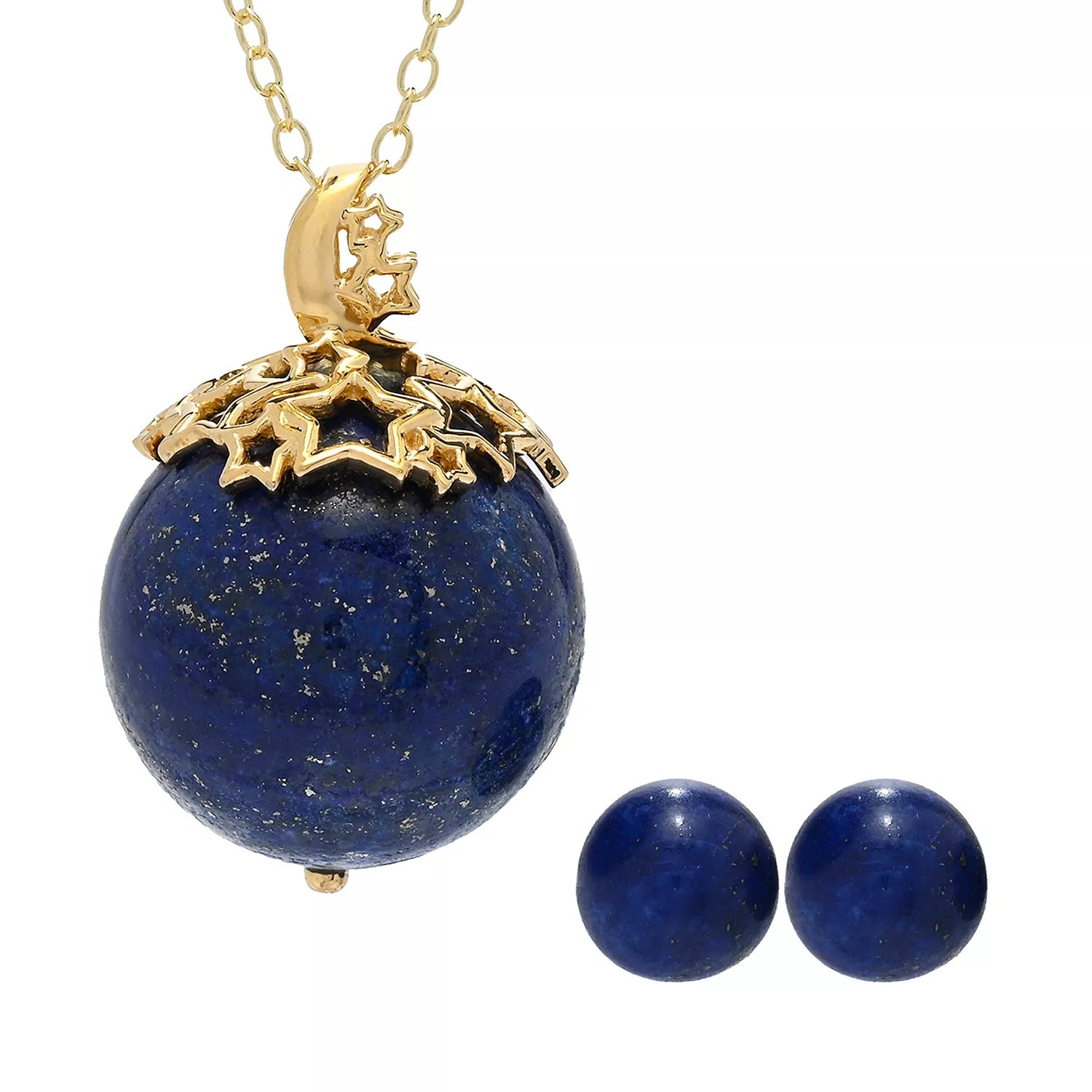 Gems en Vogue 24K Palladium Silver Lapis Bead Moon & Star Pendant & Stud Earrings Set