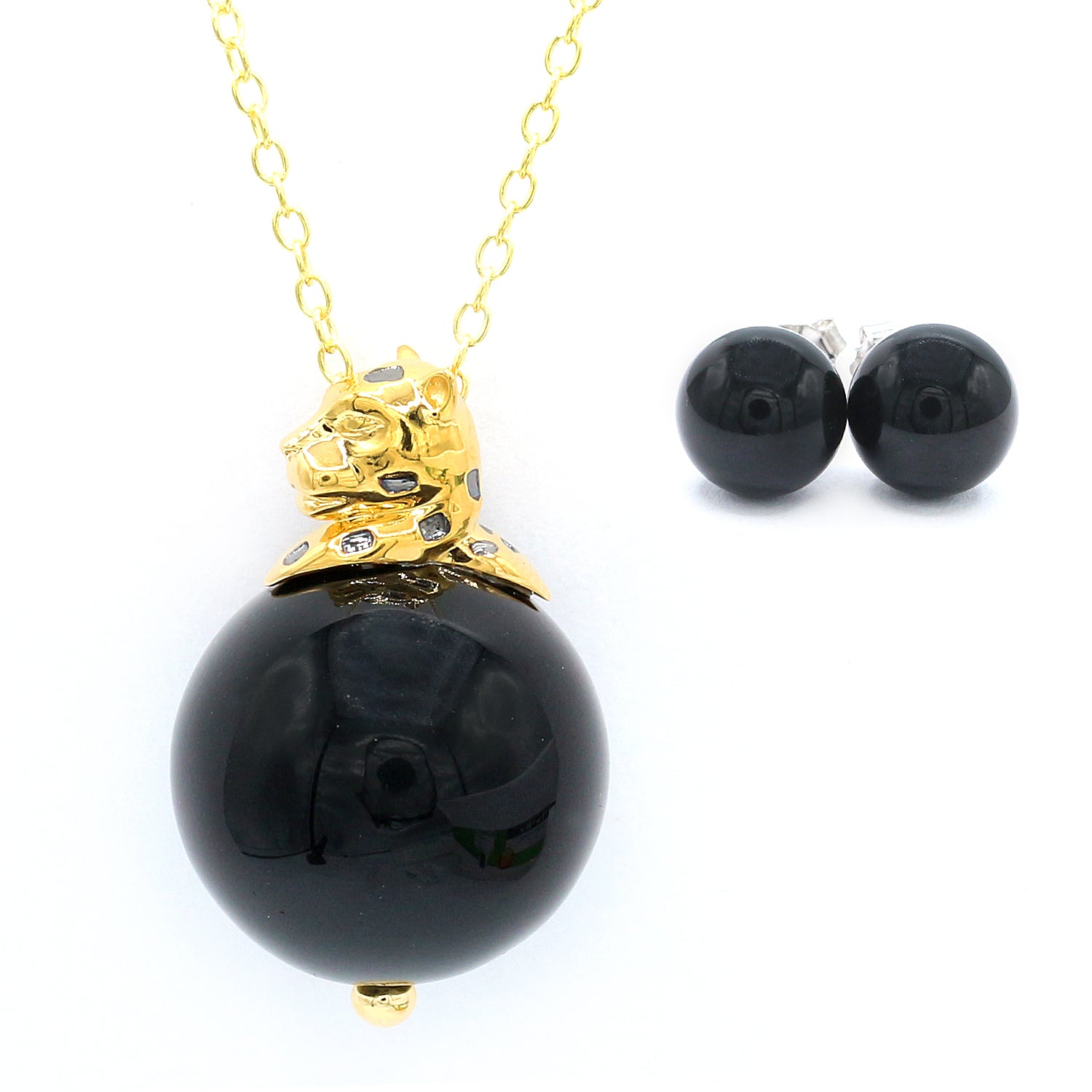 Gems en Vogue Black Onyx Bead Panther Pendant & Stud Earrings Set