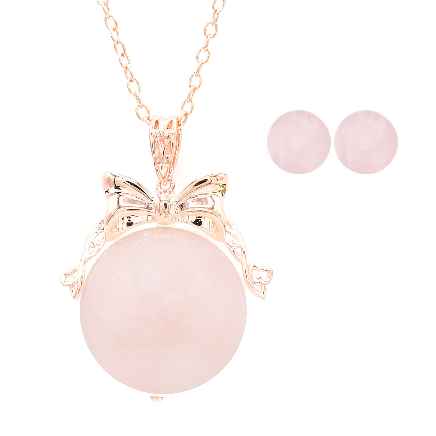 Gems en Vogue Rose Quartz Bead Bow Pendant & Stud Earrings Set