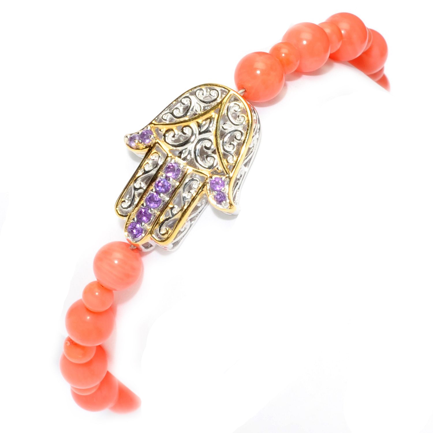 Gems en Vogue African Amethyst & Salmon Coral Bead Hamsa Bracelet