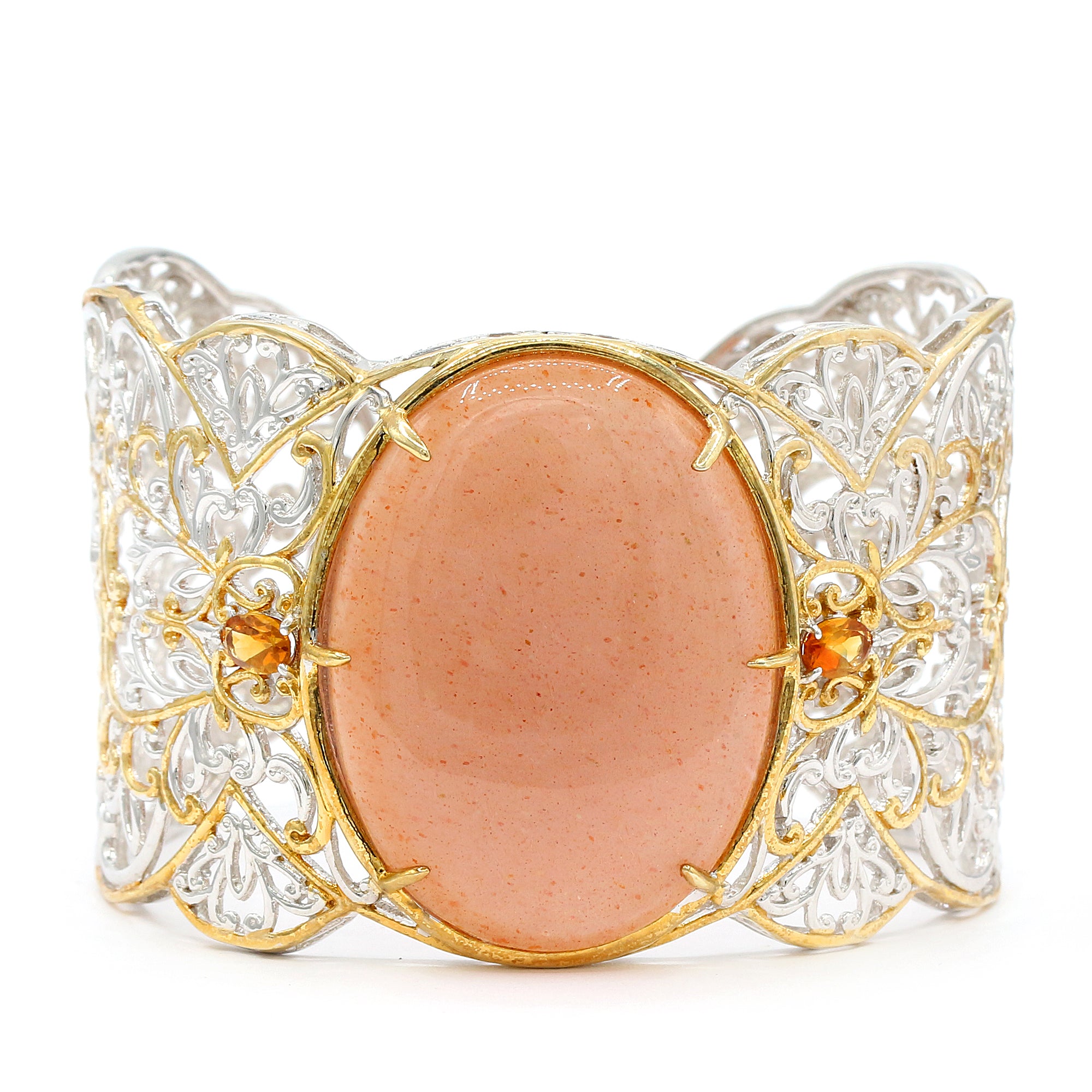 Gems en Vogue 24K Palladium Silver Peach Moonstone & Citrine Wide Cuff Bangle Bracelet