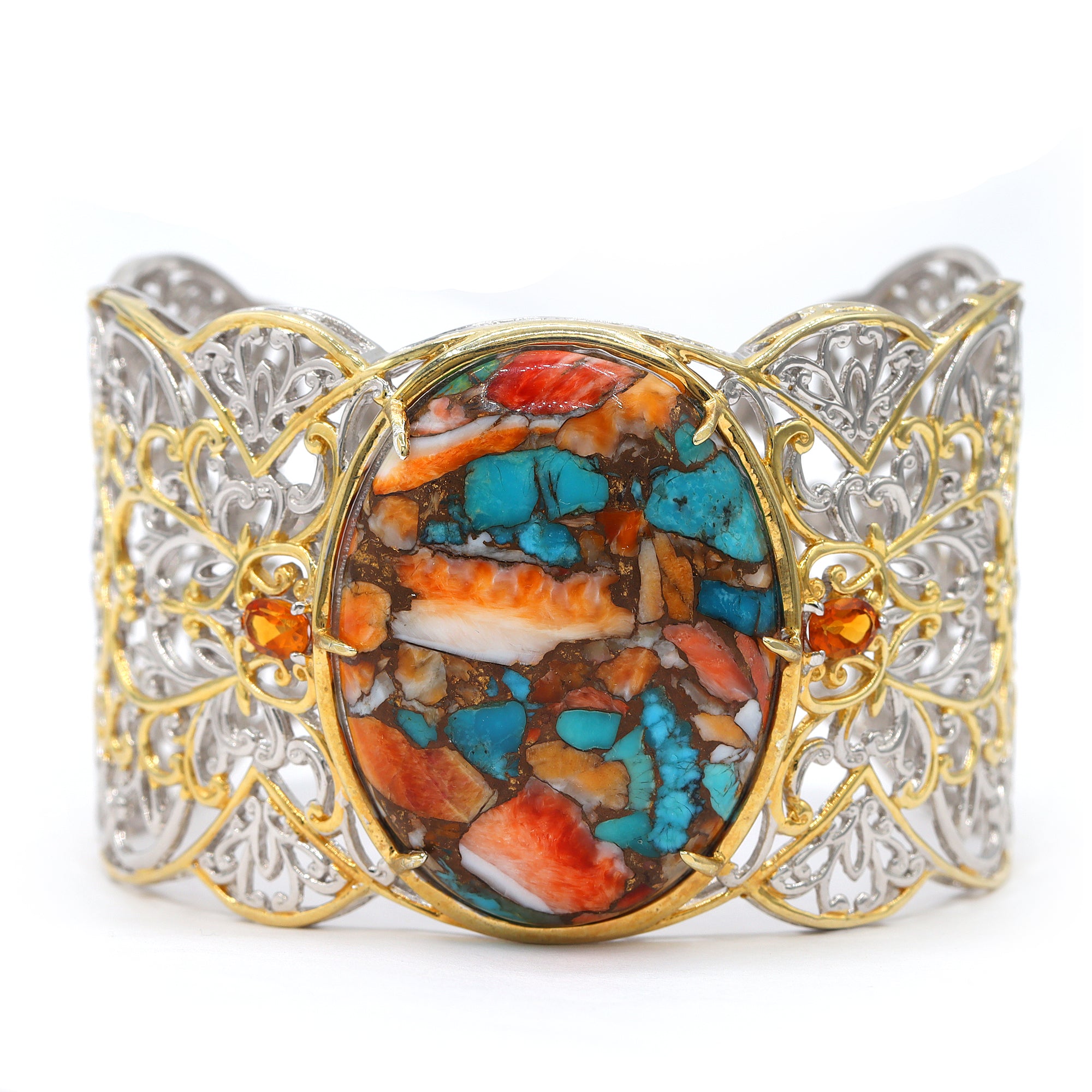 Gems en Vogue One-of-a-Kind 24K Palladium Silver Spiny Oyster Turquoise & Citrine Wide Cuff Bangle Bracelet