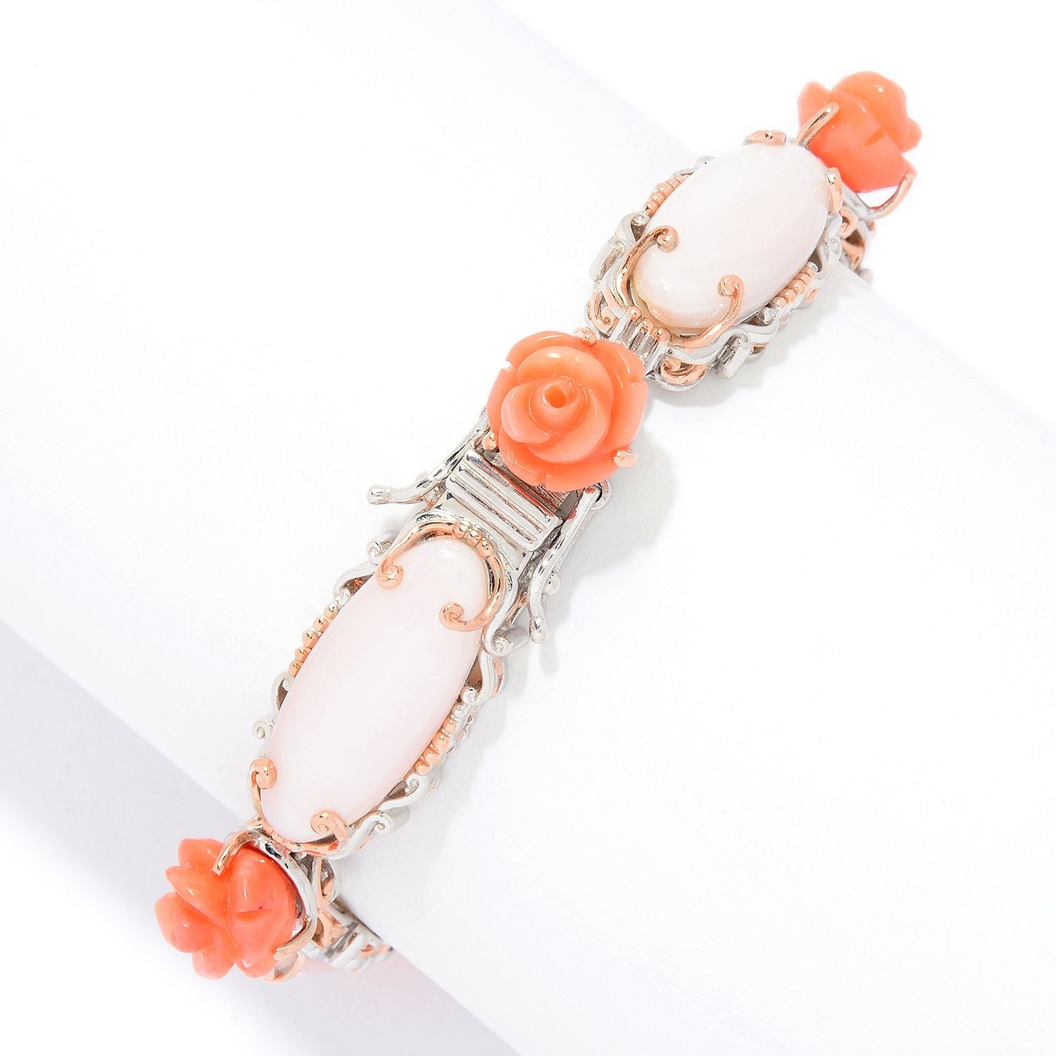 Gems en Vogue 18K Palladium Silver Pink Conch Shell & Coral Rose Flower Bracelet