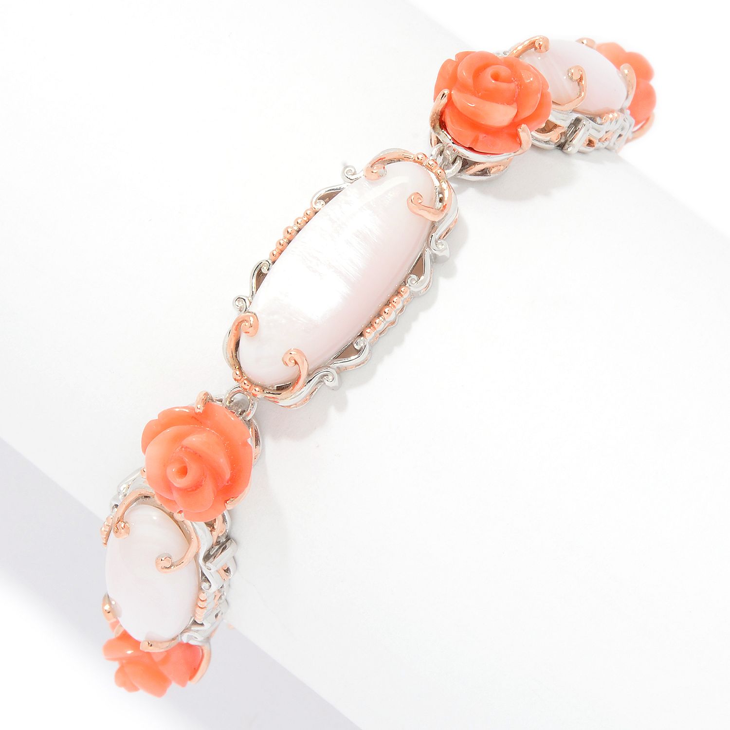 Gems en Vogue 18K Palladium Silver Pink Conch Shell & Coral Rose Flower Bracelet