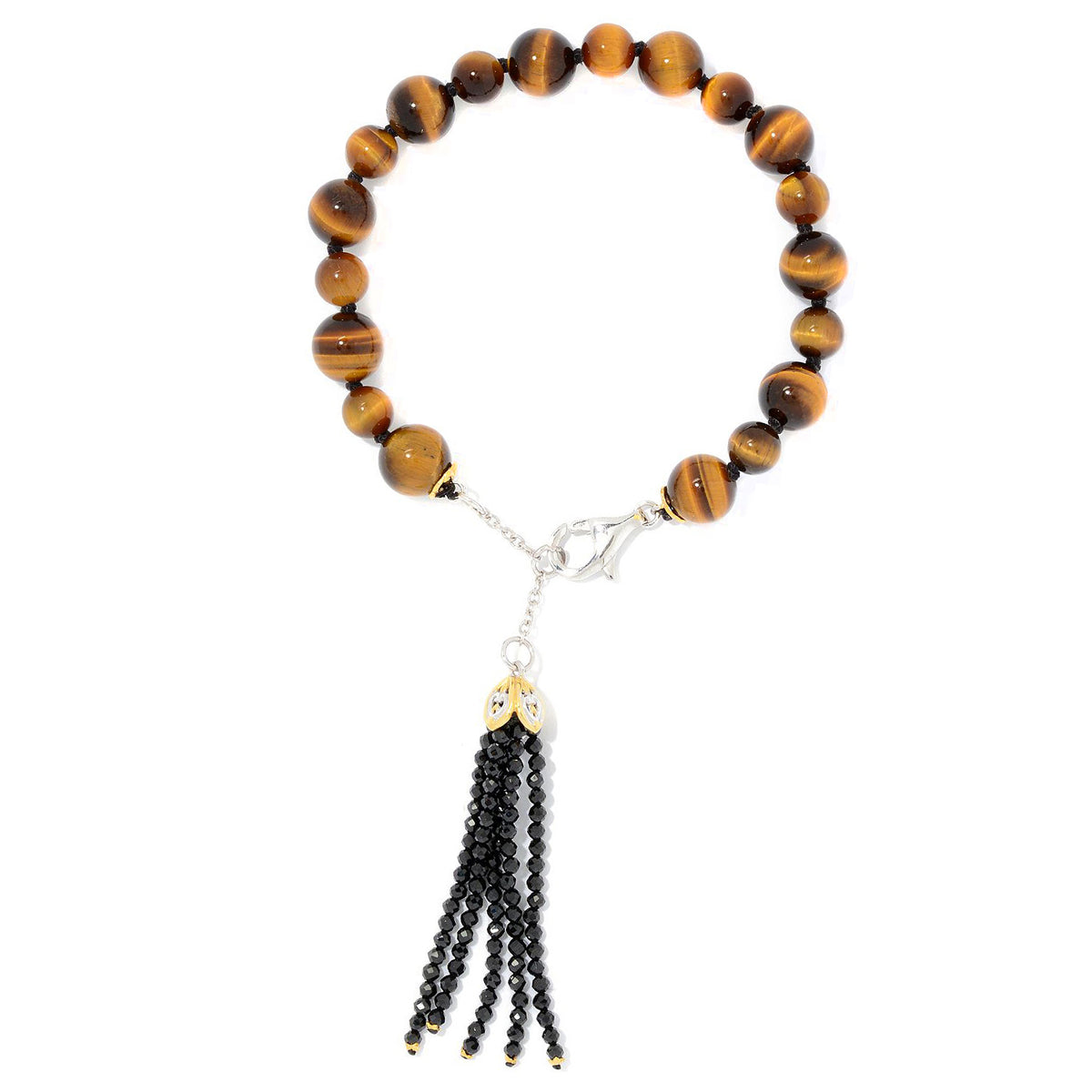 Gems en Vogue Tiger's Eye Quartz Bead & Black Spinel Tassel Bracelet