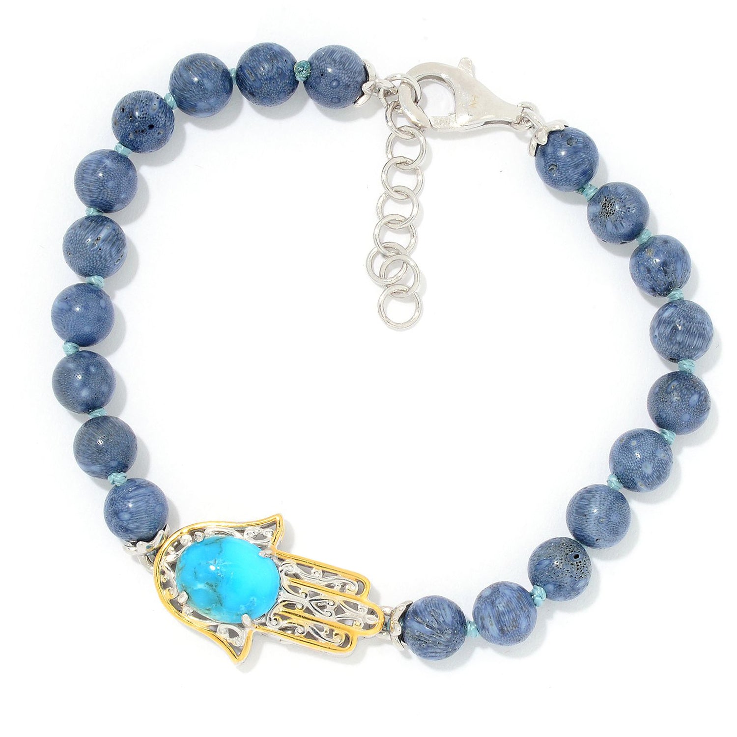 Gems en Vogue Kaolin Turquoise & Blue Coral Beaded Hamsa Bracelet