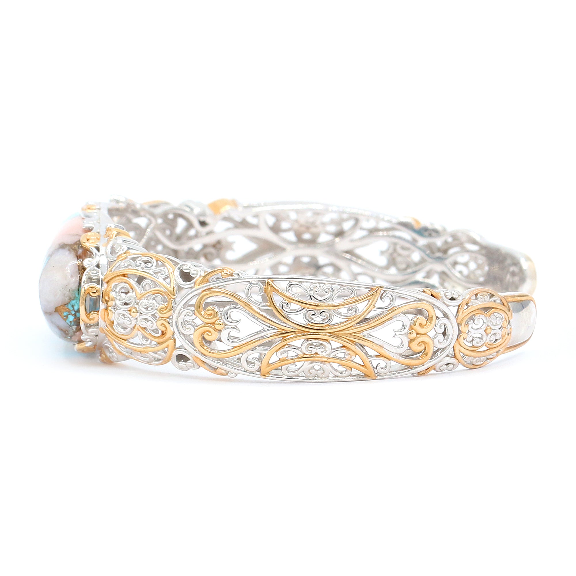 Gems en Vogue 24K Palladium Silver Pink Opal Turquoise Cuff Bangle Bracelet