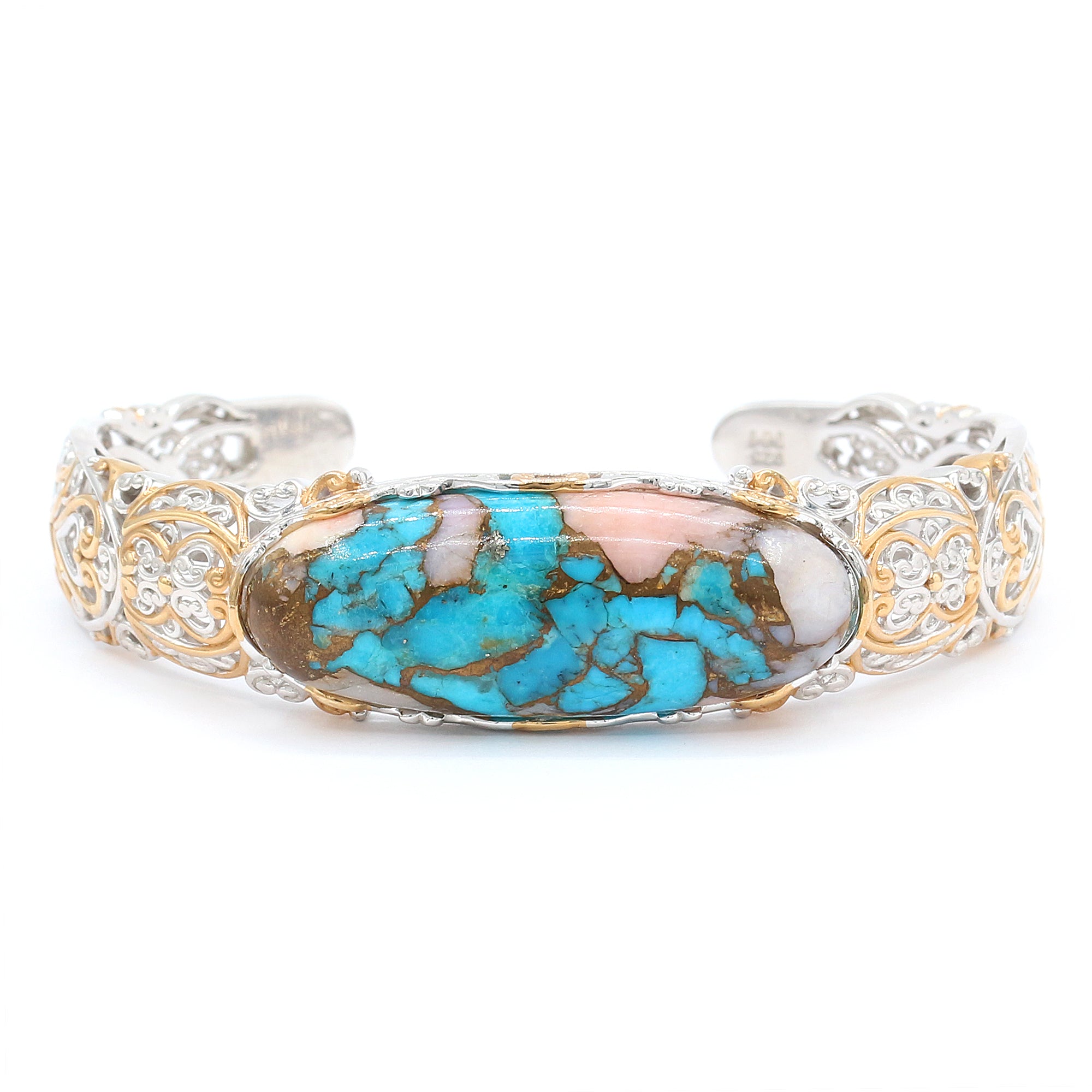 Gems en Vogue 24K Palladium Silver Pink Opal Turquoise Cuff Bangle Bracelet