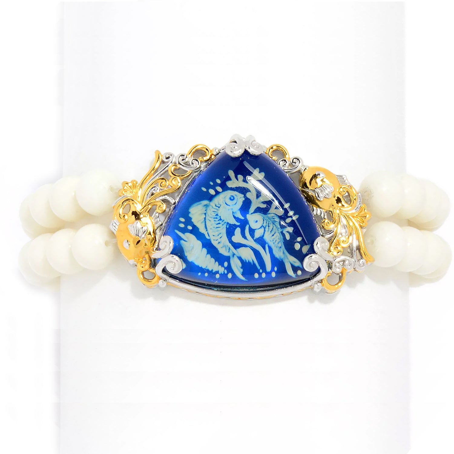 Gems en Vogue Carved Blue Amber & White Coral Bead Sealife Bracelet