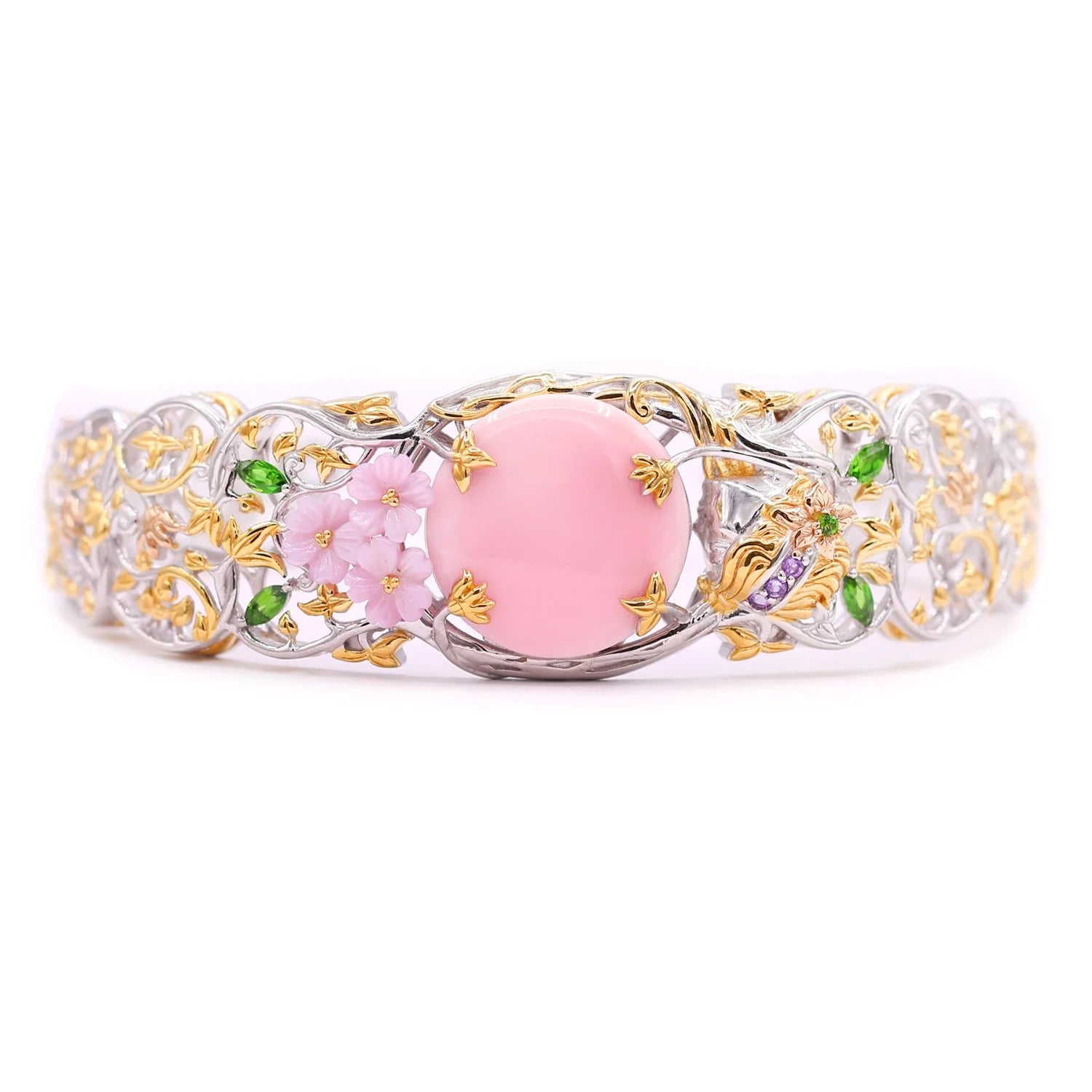 Gems en Vogue Pink Mother-of-Pearl Conch Shell & Multi Gemstone Cuff Bracelet