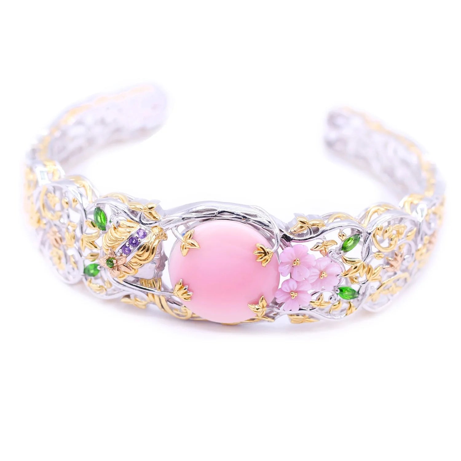 Gems en Vogue Pink Mother-of-Pearl Conch Shell & Multi Gemstone Cuff Bracelet