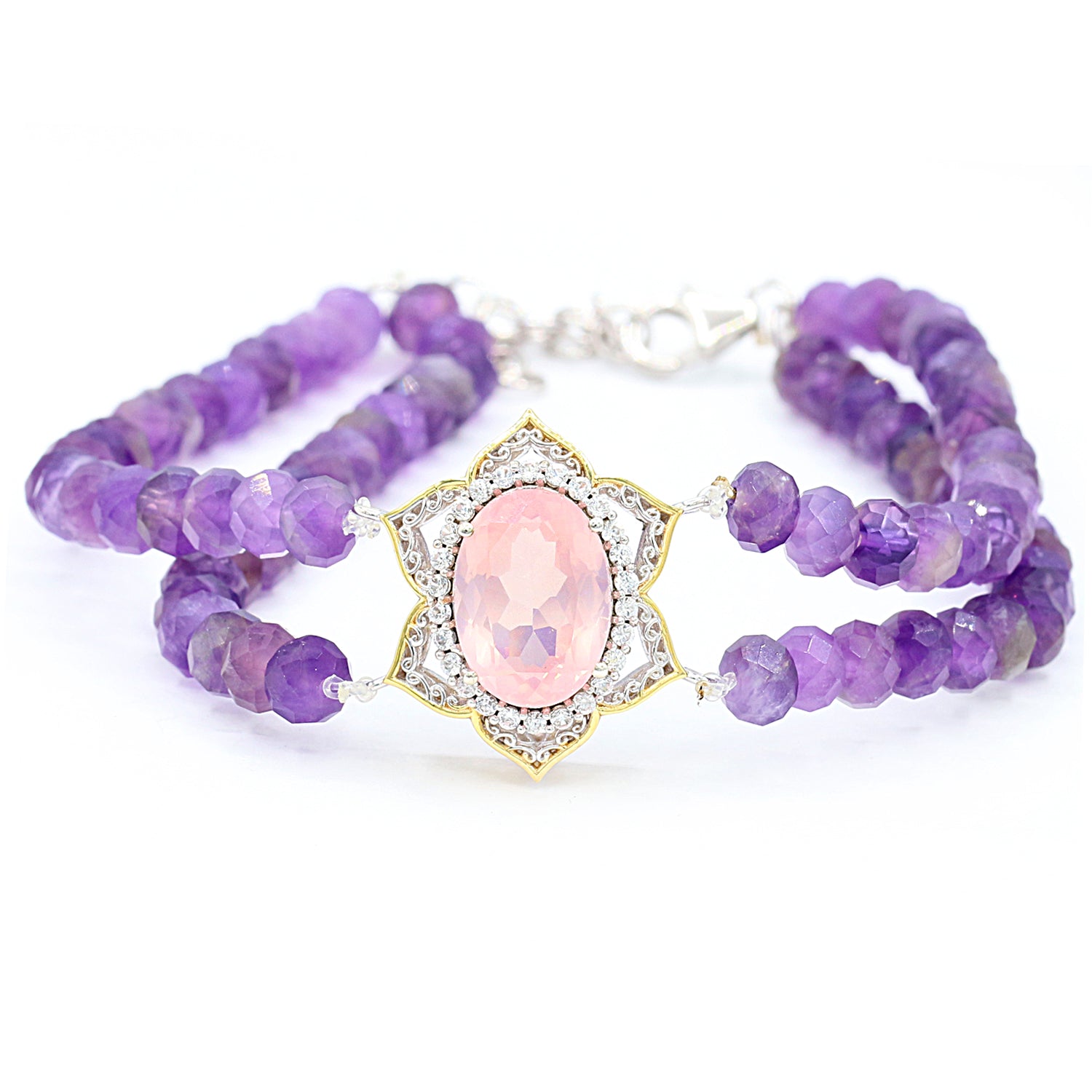 Gems en Vogue 6.21ctw Rose Quartz White Zircon & Amethyst Bead Bracelet
