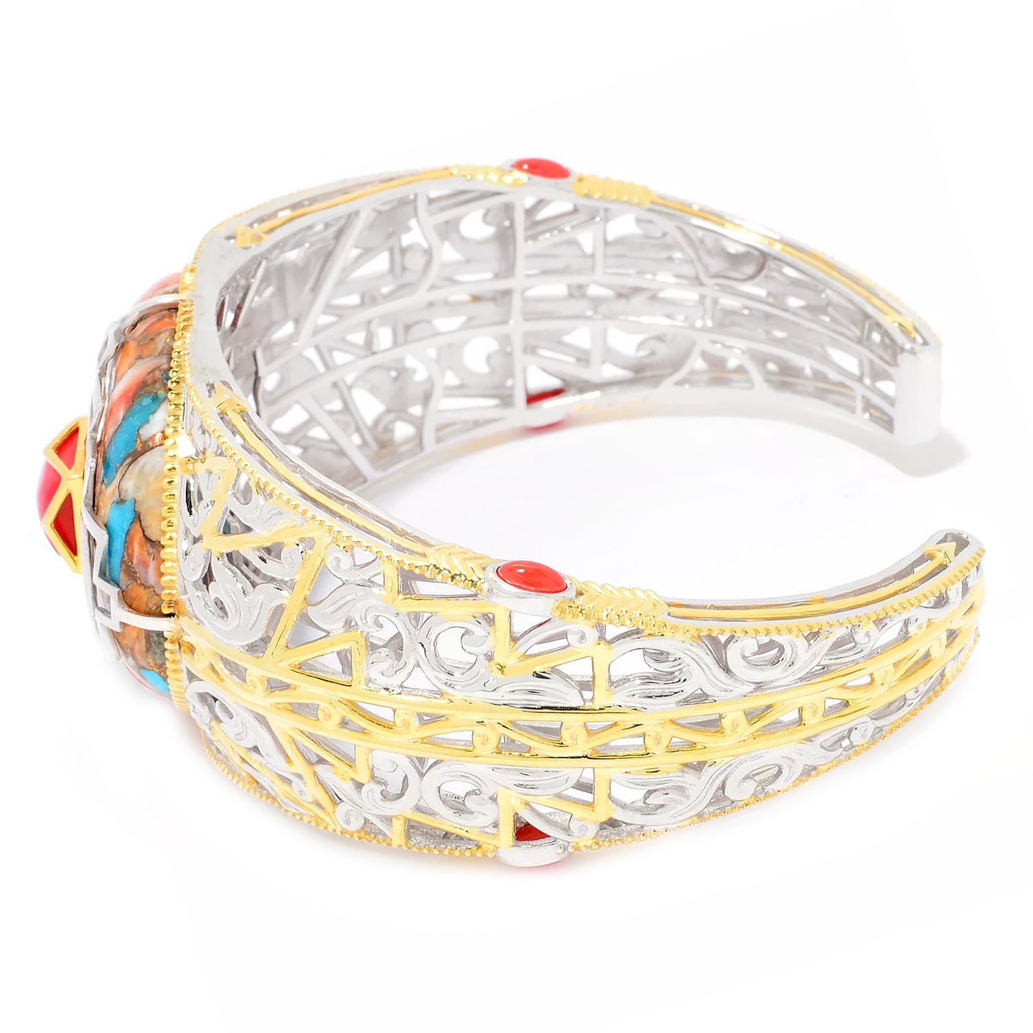 Gems en Vogue Spiny Oyster Turquoise & Red Coral Cuff Bangle Bracelet