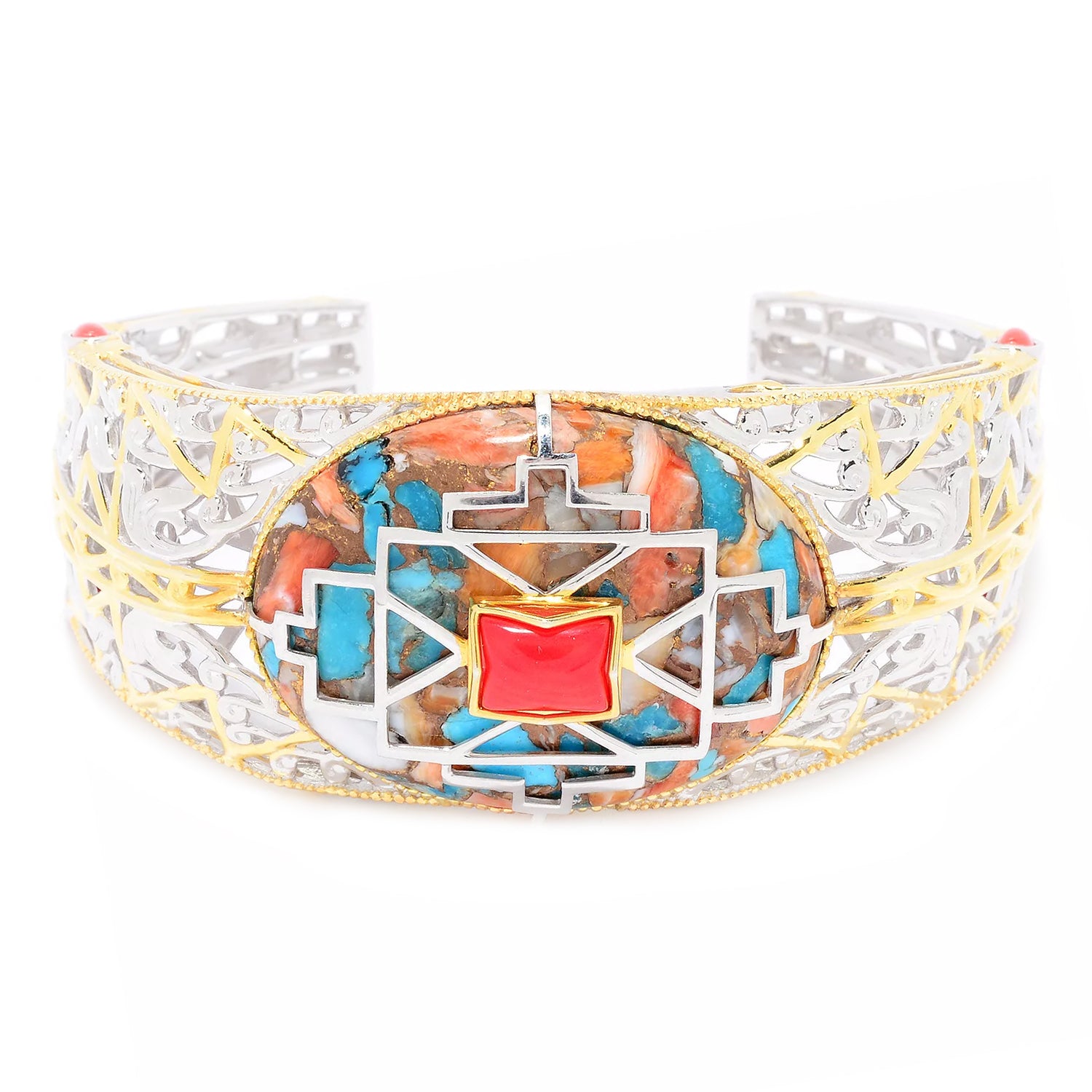 Gems en Vogue Spiny Oyster Turquoise & Red Coral Cuff Bangle Bracelet