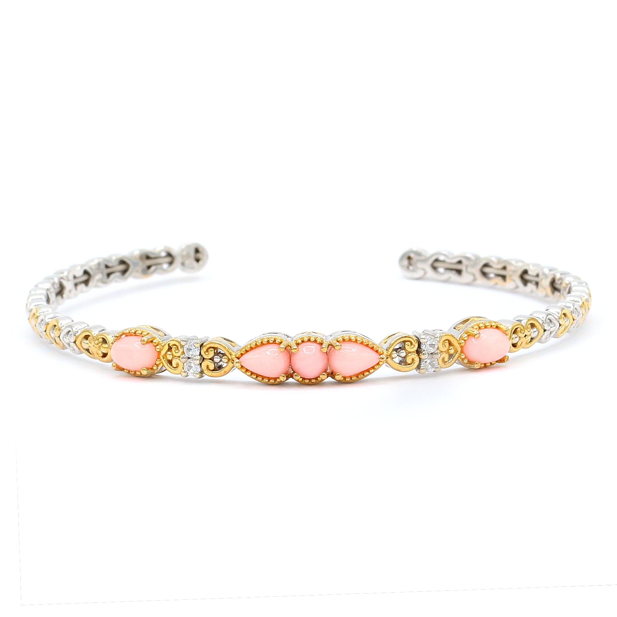 Gems en Vogue Pink Coral & White Zircon Flexible Cuff Bangle Bracelet