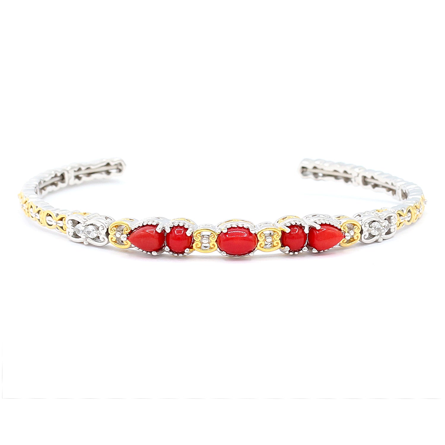 Gems en Vogue Red Coral & White Zircon Flexible Cuff Bangle Bracelet