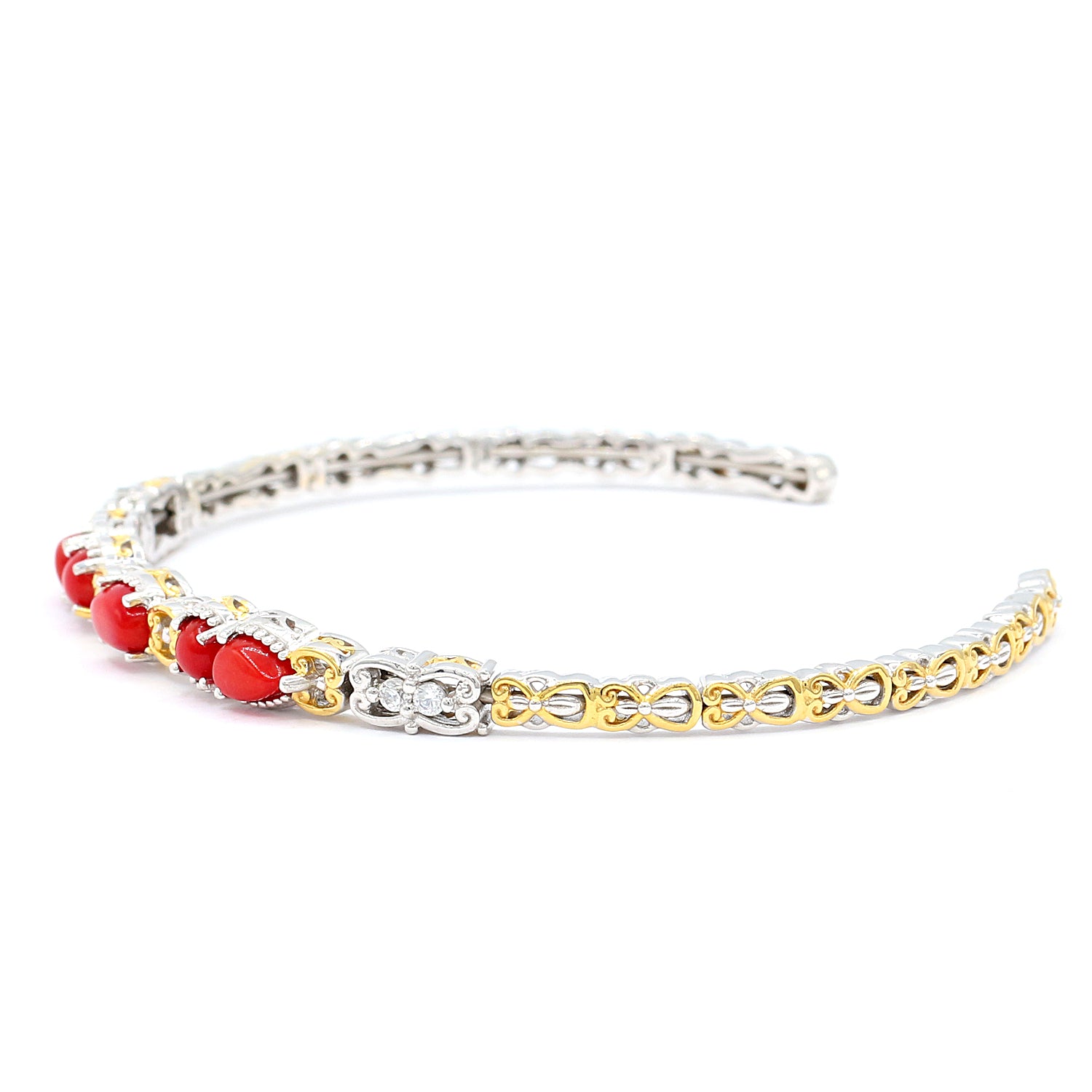 Gems en Vogue Red Coral & White Zircon Flexible Cuff Bangle Bracelet