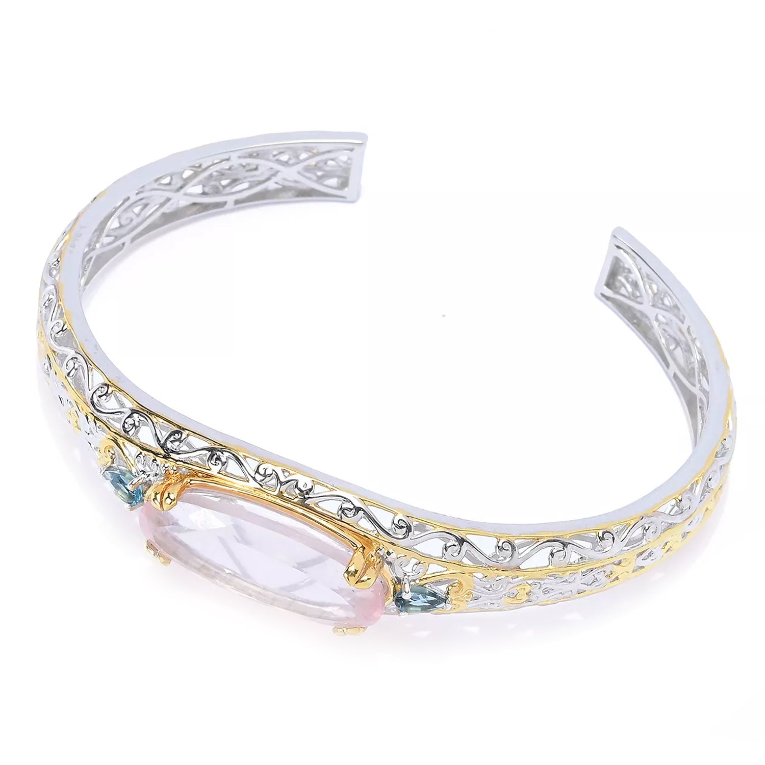 Gems en Vogue 14.41ctw Madagascar Rose Quartz & London Blue Topaz Cuff Bangle Bracelet