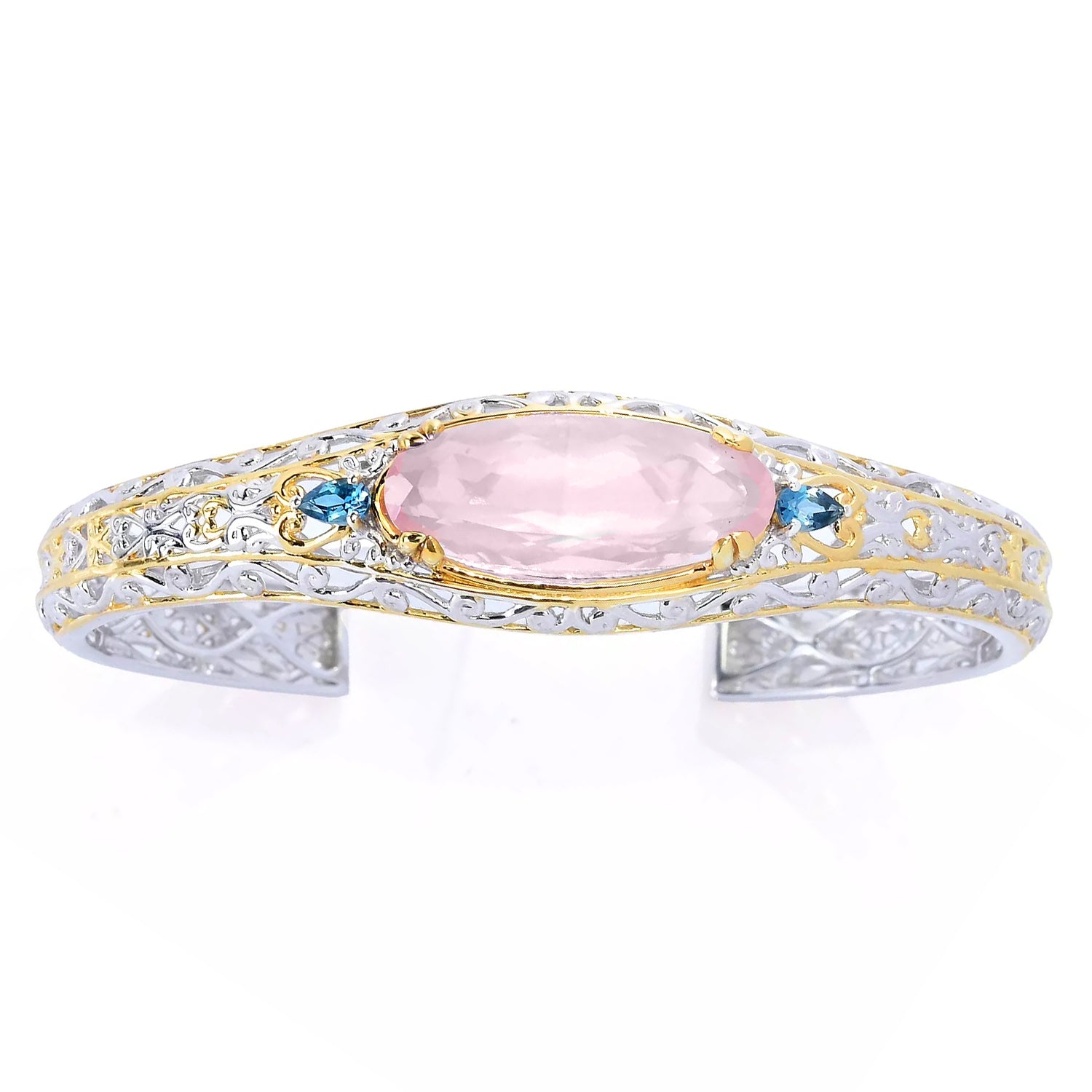 Gems en Vogue 14.41ctw Madagascar Rose Quartz & London Blue Topaz Cuff Bangle Bracelet