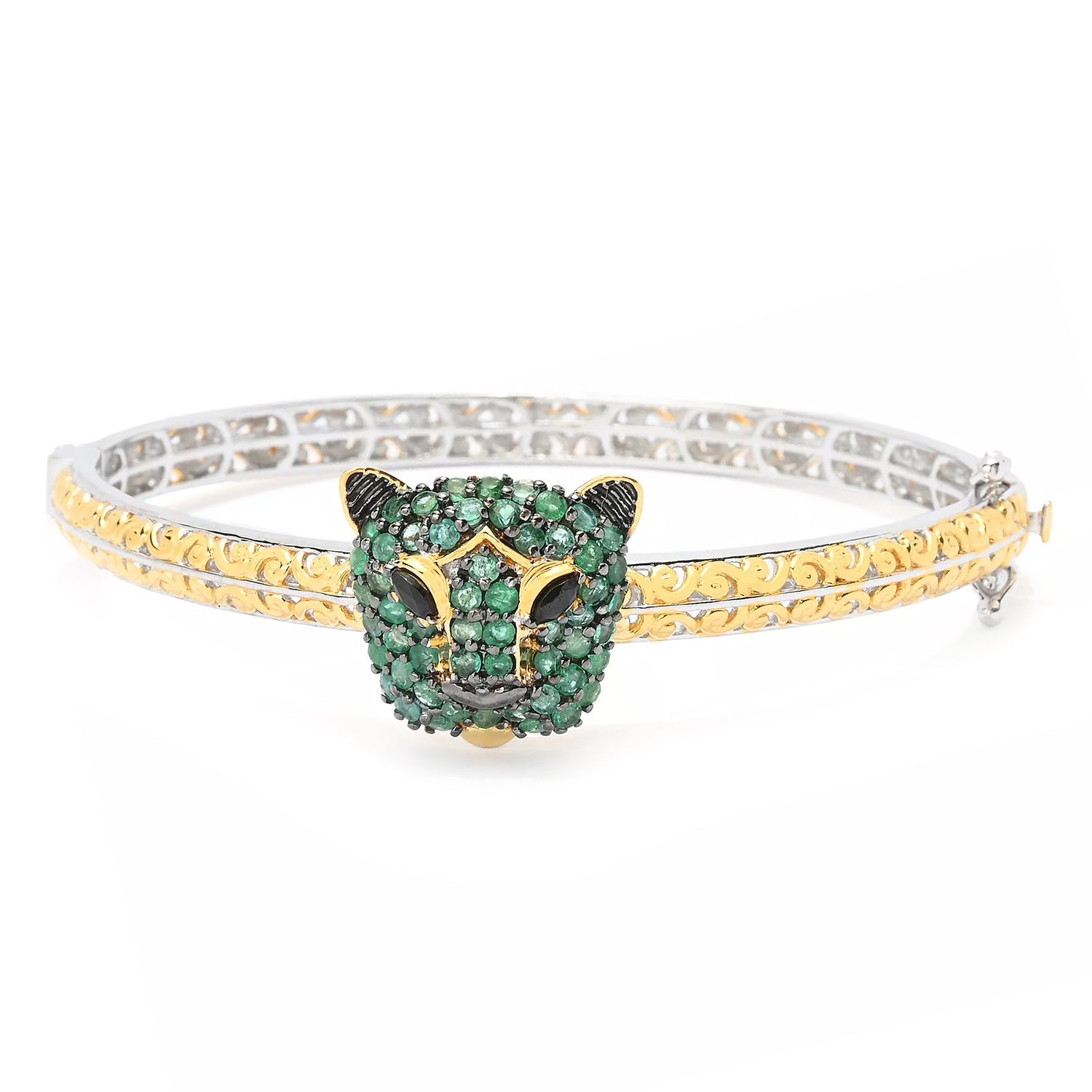 Gems en Vogue 2.03ctw Grizzly Emerald & Black Spinel Panther Bangle Bracelet