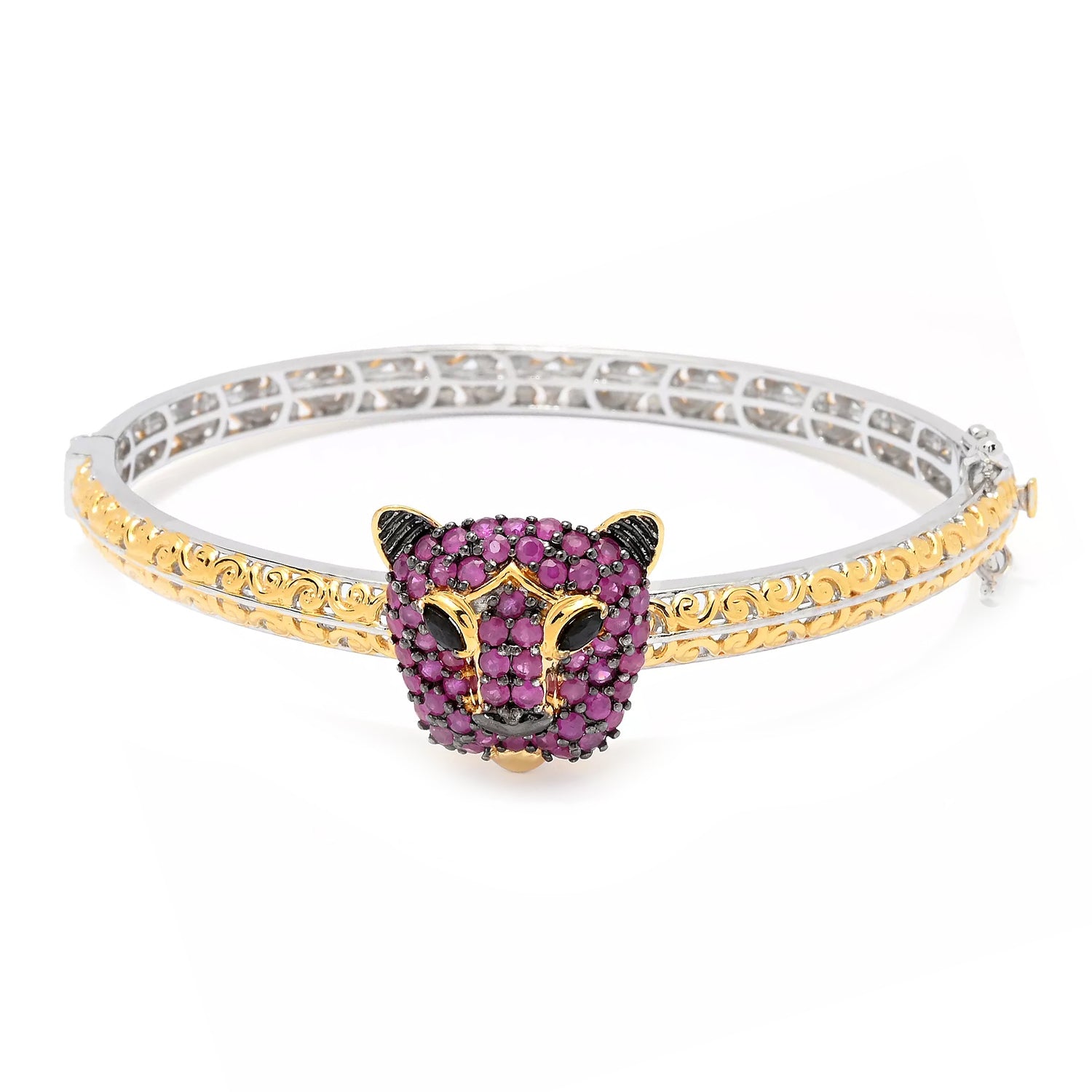Gems en Vogue 2.03ctw Ruby & Black Spinel Panther Bangle Bracelet