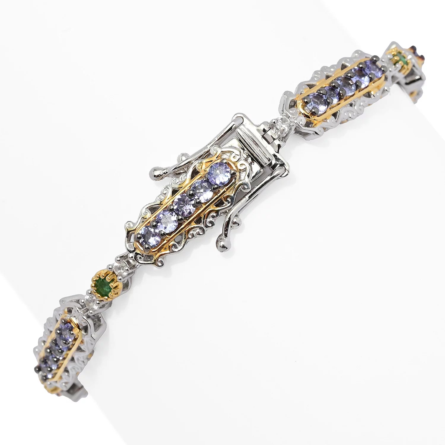 Gems en Vogue 4.30ctw Tanzanite, Grizzly Emerald & White Zircon Tennis Bracelet