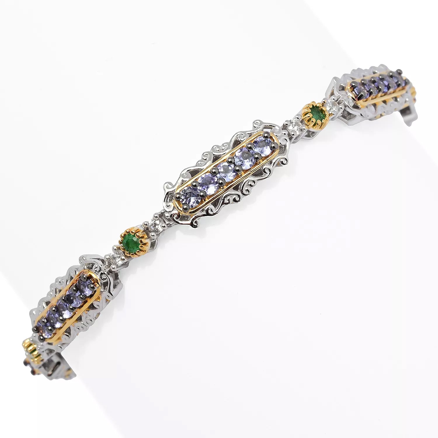 Gems en Vogue 4.30ctw Tanzanite, Grizzly Emerald & White Zircon Tennis Bracelet