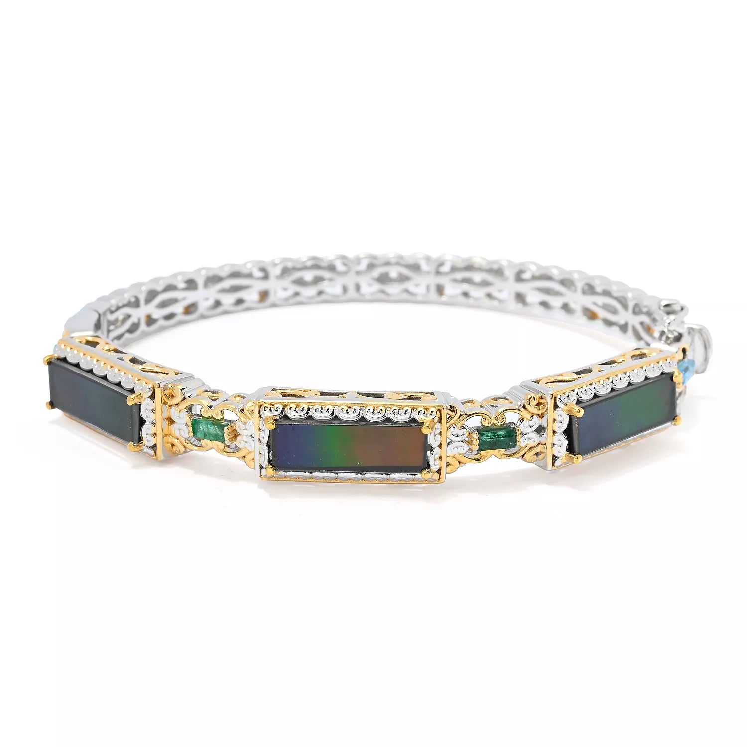 Gems en Vogue Ammolite, Grizzly Emerald & Swiss Blue Topaz Bangle Bracelet