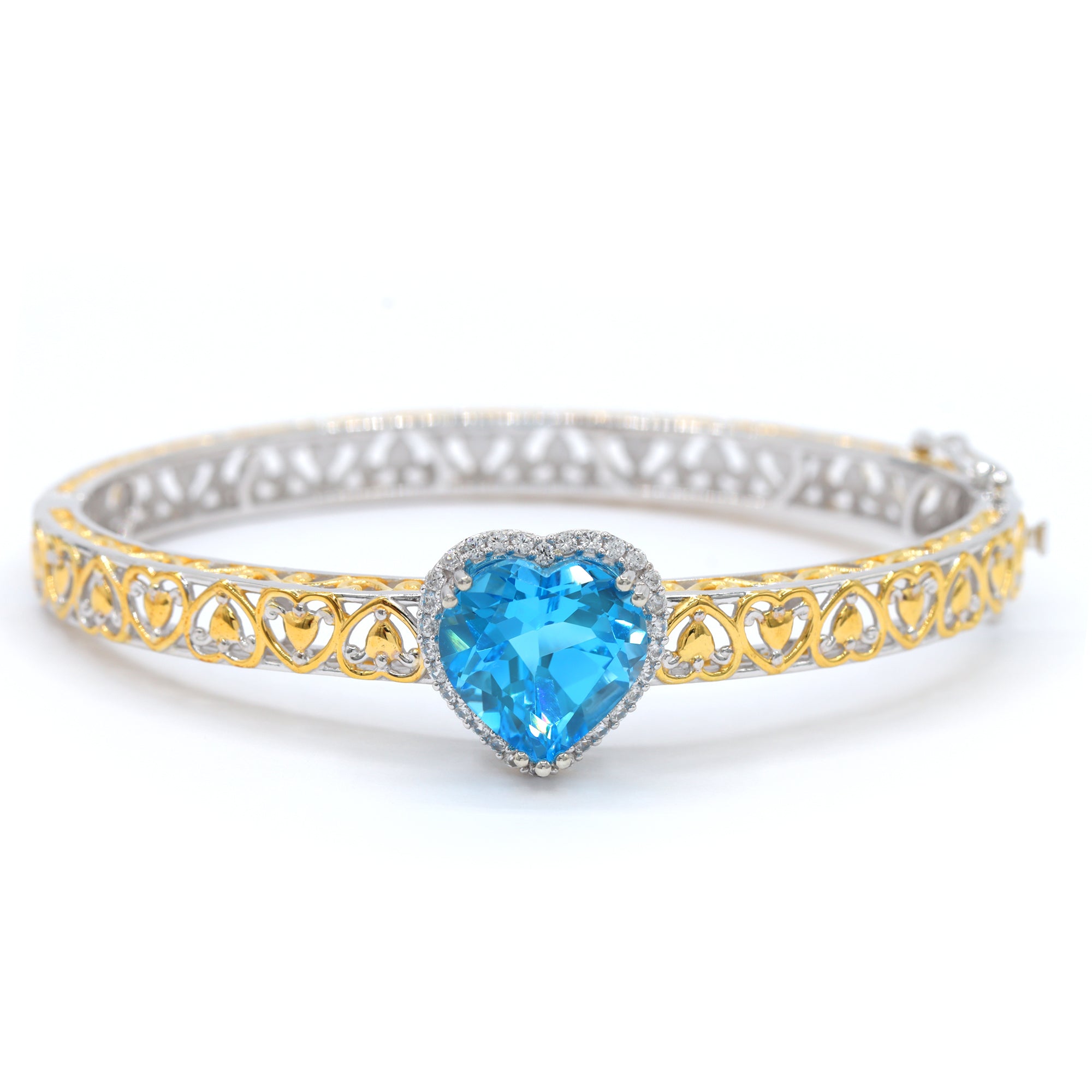Gems en Vogue 24K Palladium Silver 10.58ctw Super Swiss Blue Topaz & White Zircon Heart Bangle Bracelet