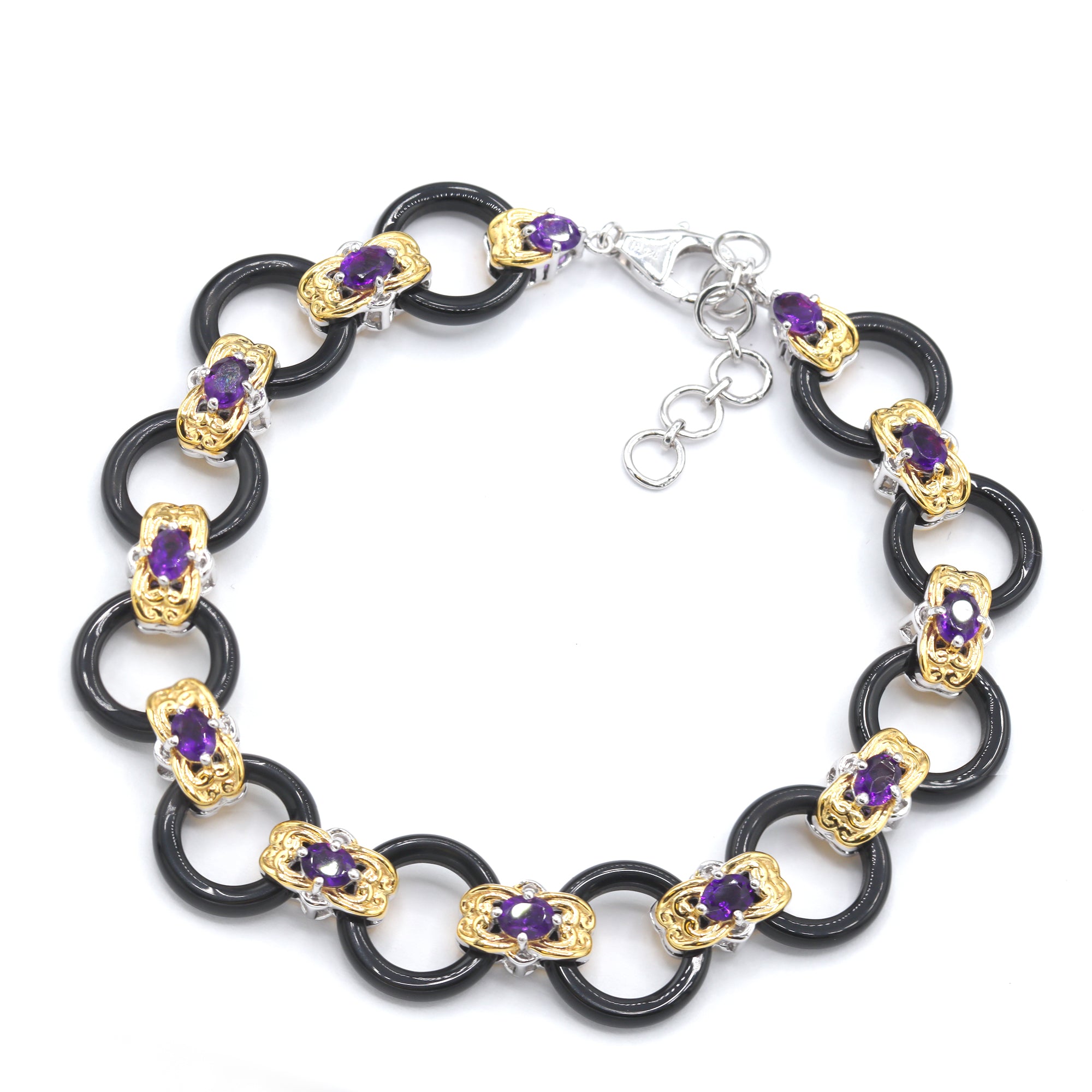 Gems en Vogue 24K Palladium Silver 2.40ctw Black Onyx & Amethyst Bracelet
