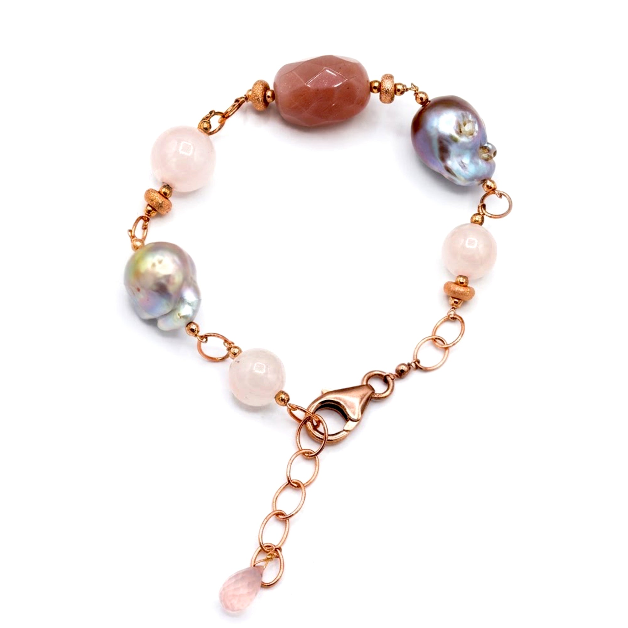 Hall of Jewels Peach Moonstone, Freshwater Cultured Pearls & Rose Quartz Bead Bracelet
