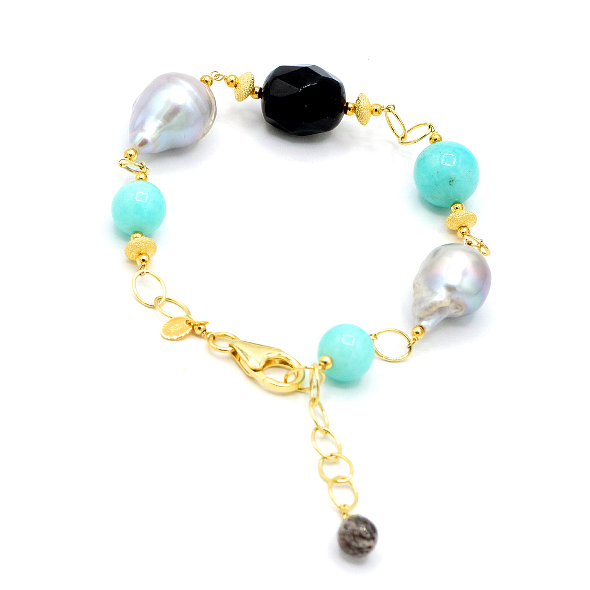 Hall of Jewels Black Obsidian, Freshwater Cultured Pearls & Amazonite Bracelet