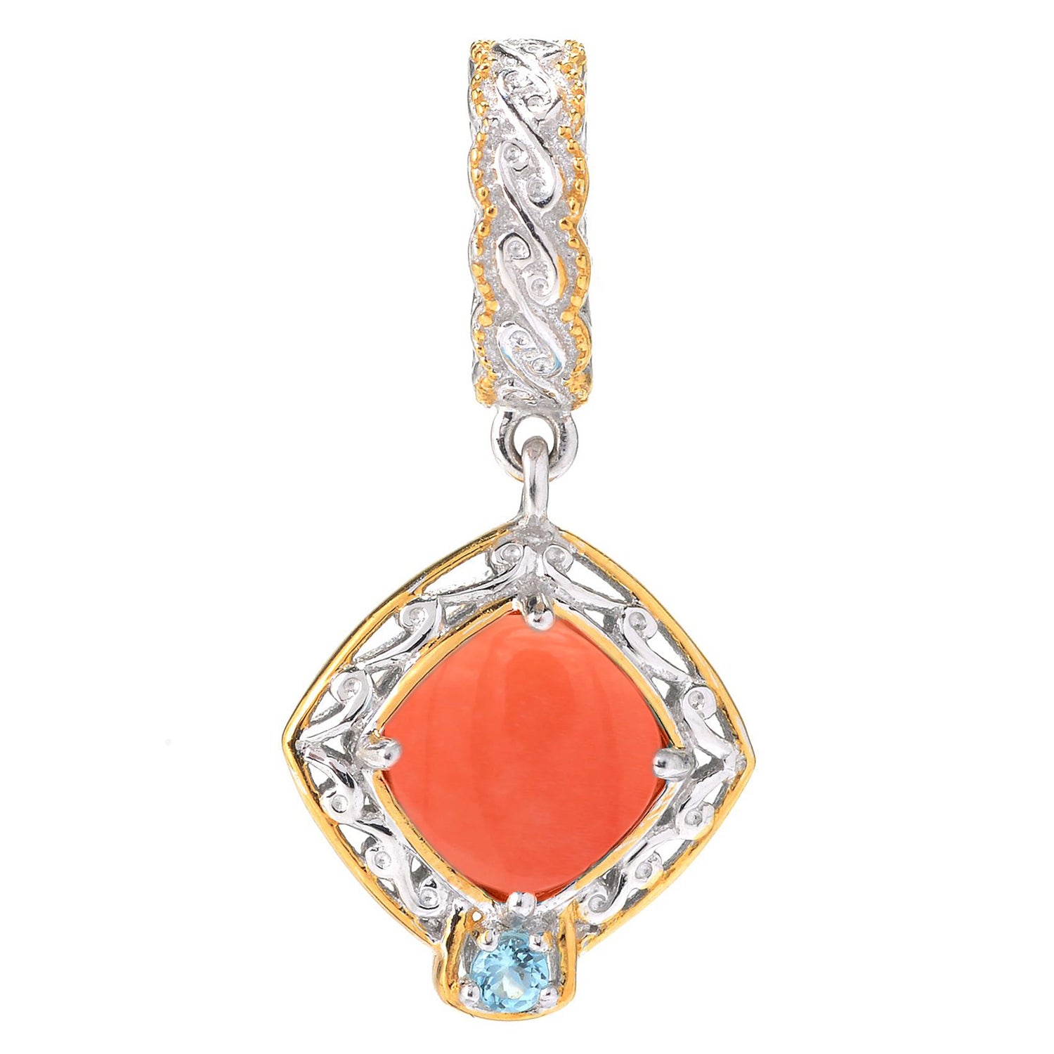 Gems en Vogue Choice of Cushion Moonstone, Labradorite or Coral & Sky Blue Topaz Drop Charm