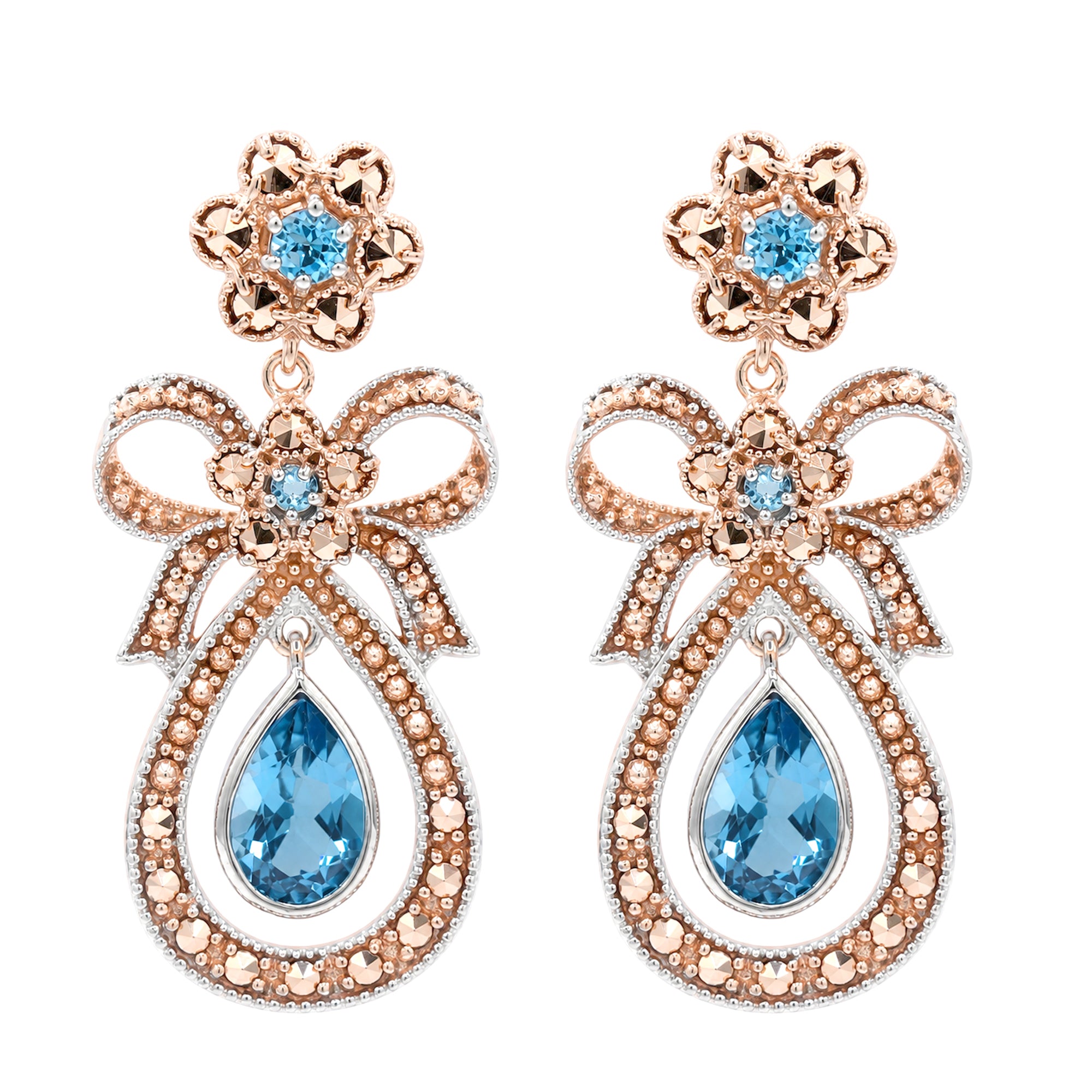 Gems en Vogue Boucles d'oreilles clous nœud en topaze bleue suisse 3,60 carats et zircon blanc