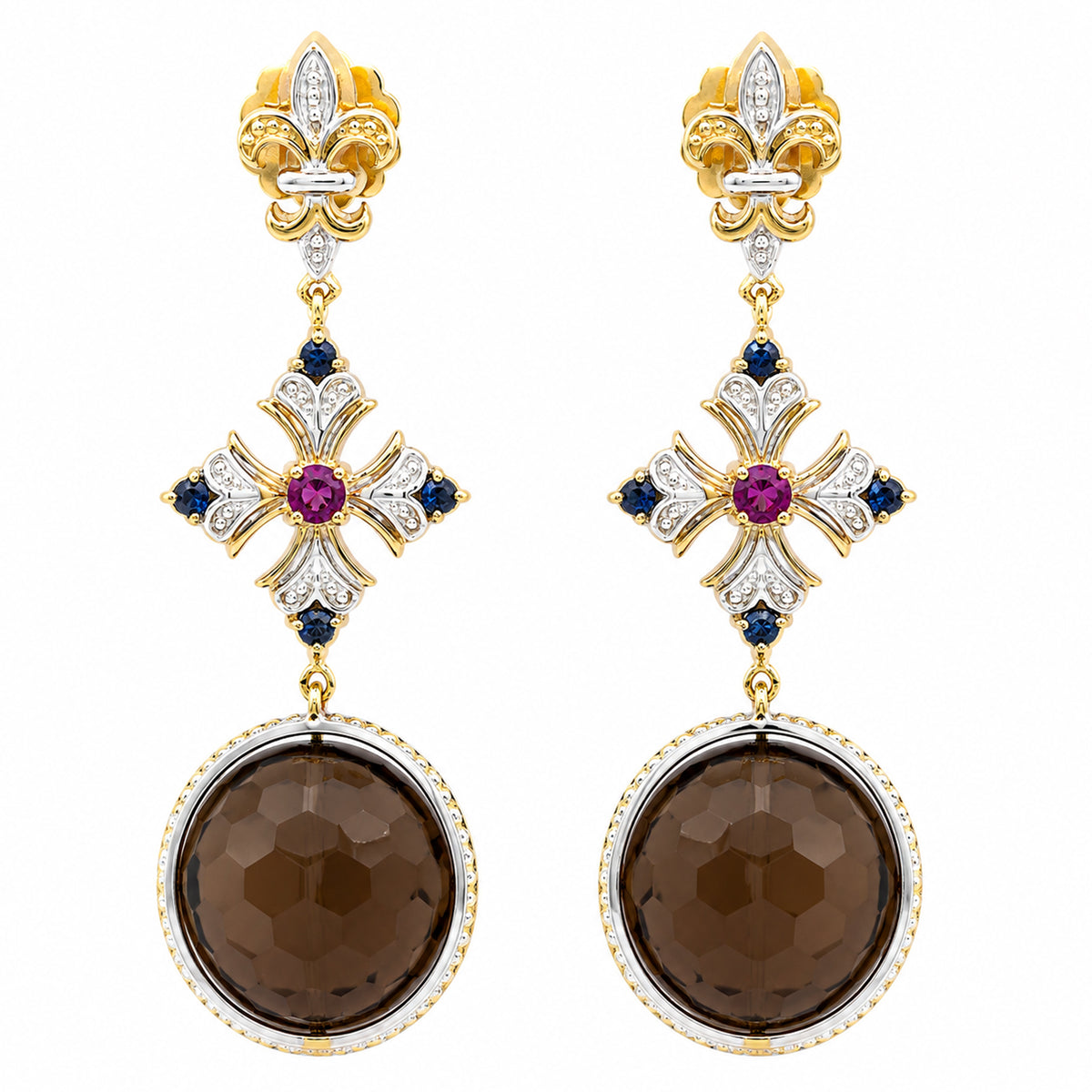 Gems en Vogue 24K Palladium Silver Smoky Quartz Bead, Rhodolite & Blue Sapphire Drop Earrings