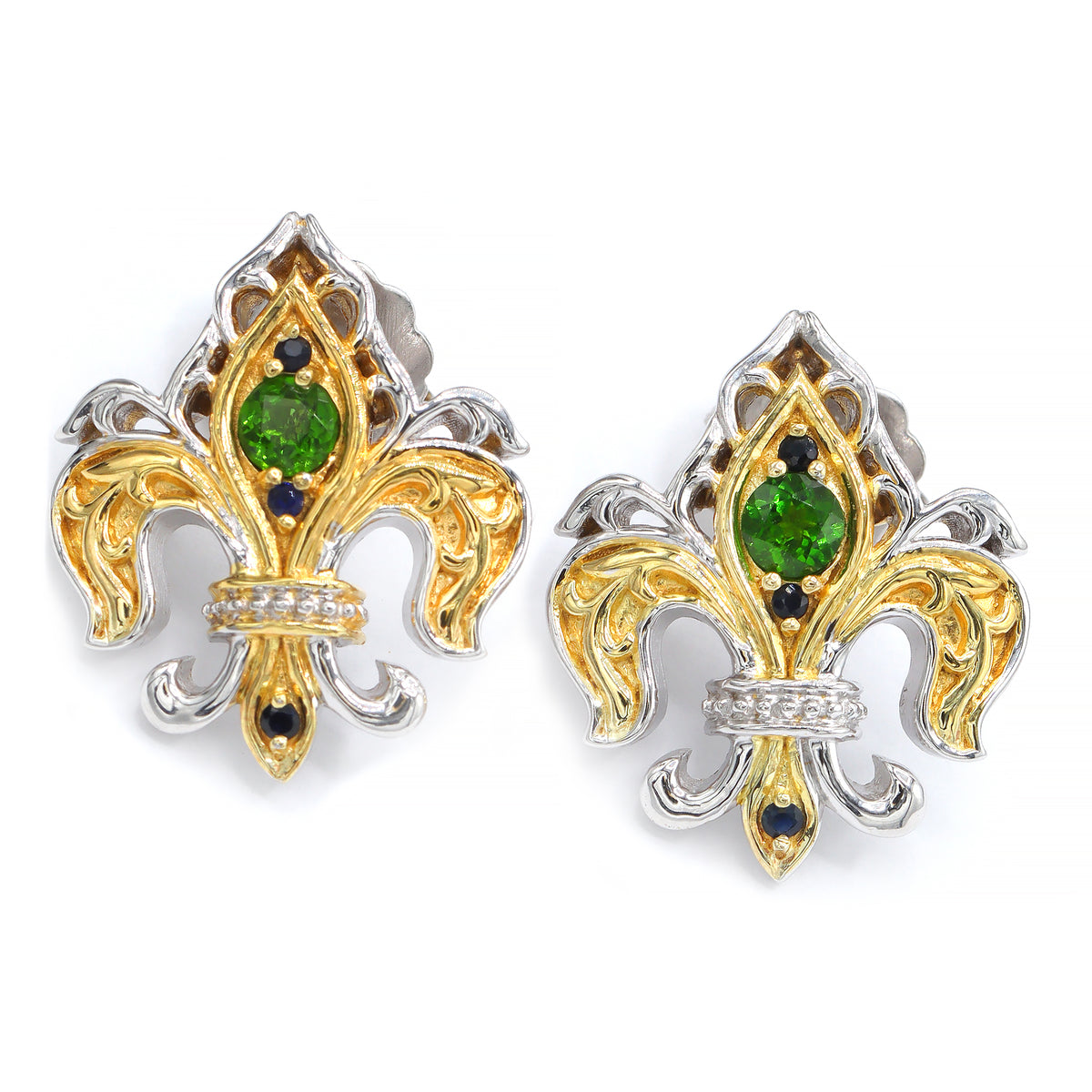 Gems en Vogue 24K Palladium Silver 0.84ctw Chrome Diopside & Blue Sapphire Fleur-de-Lis Stud Earrings