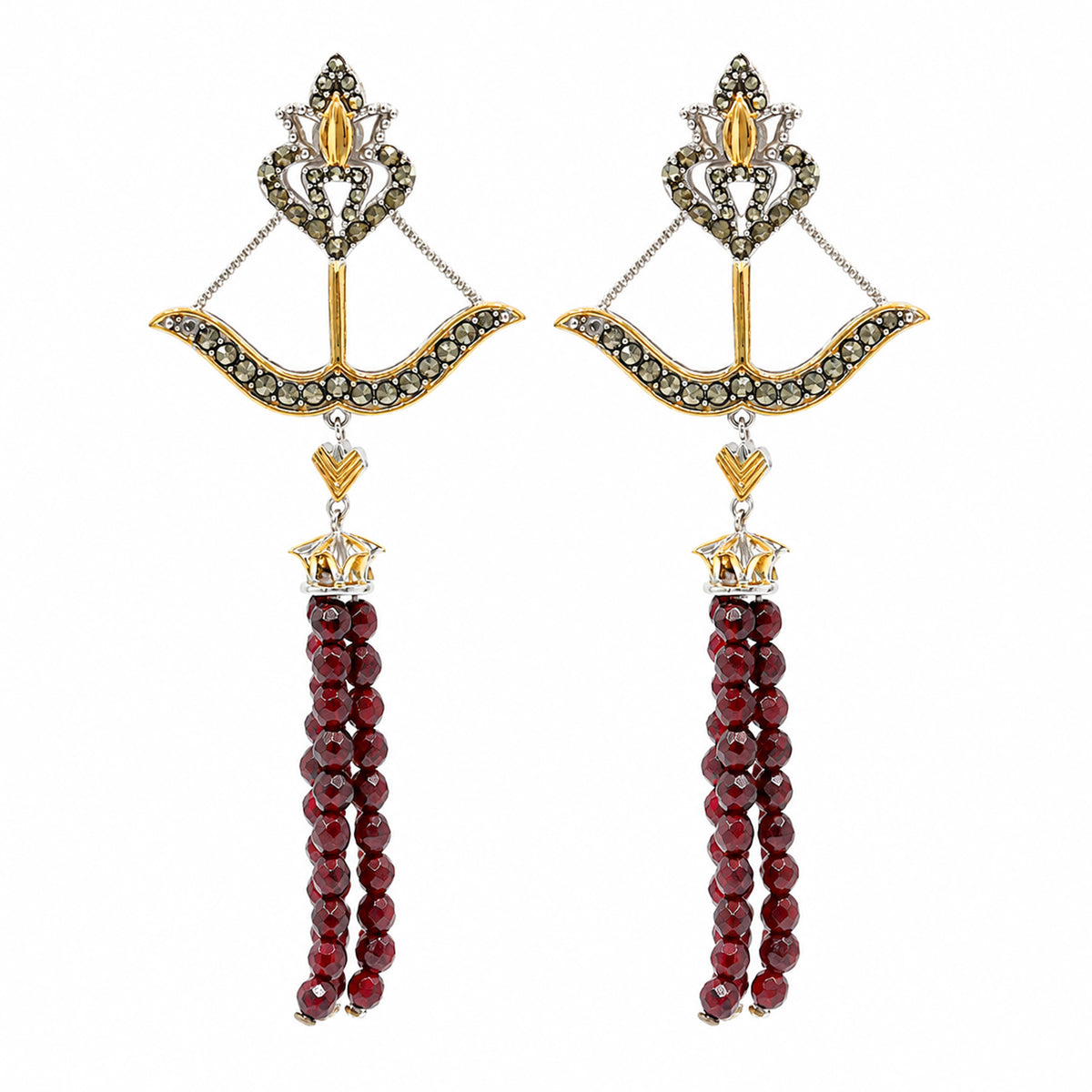 Gems en Vogue 24K Palladium Silver Garnet Beads Tassels Bow & Arrow Marcasite Earrings