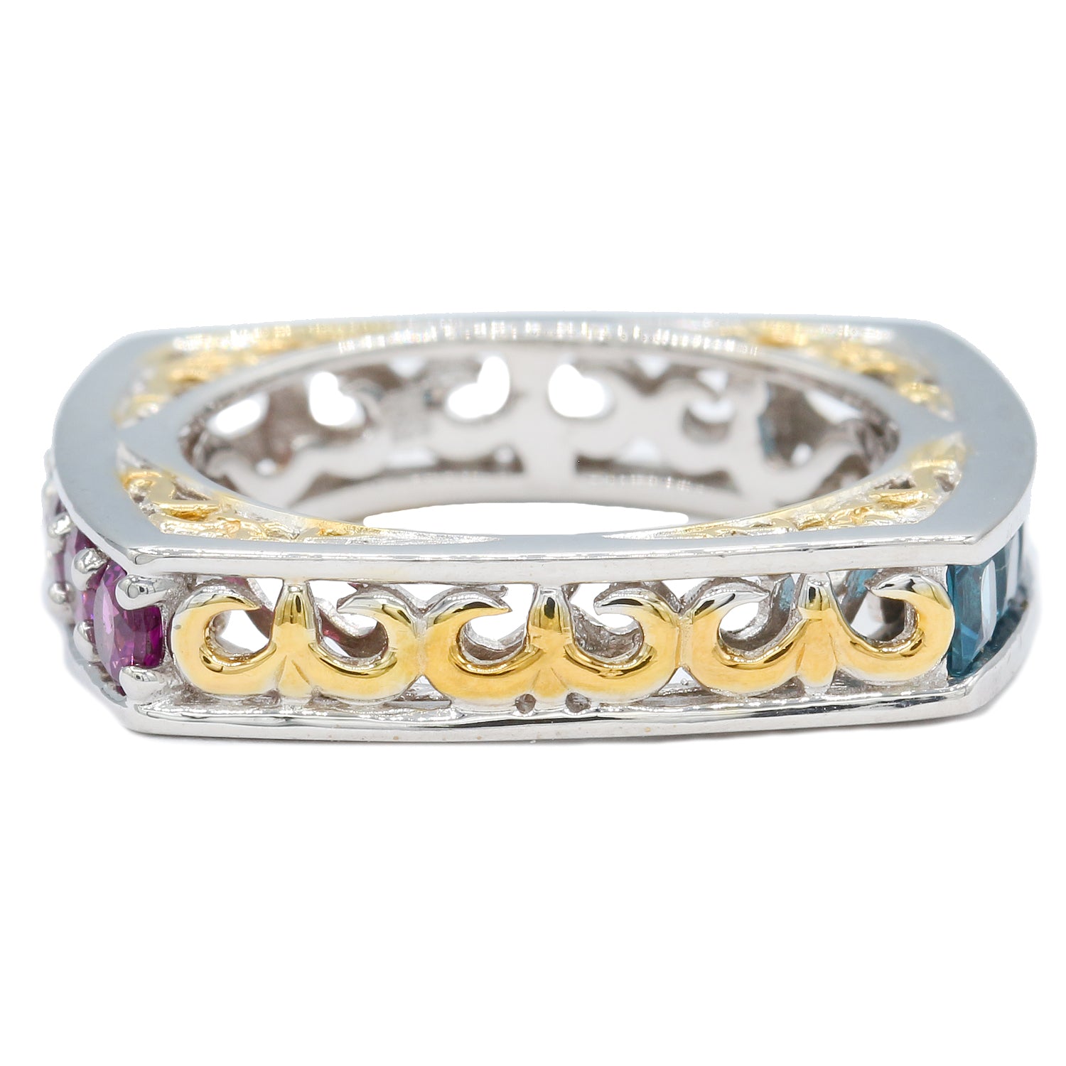 Bague réversible Gems en Vogue en topaze bleu de Londres et grenat rhodolite 1,86 ct impossible à redimensionner