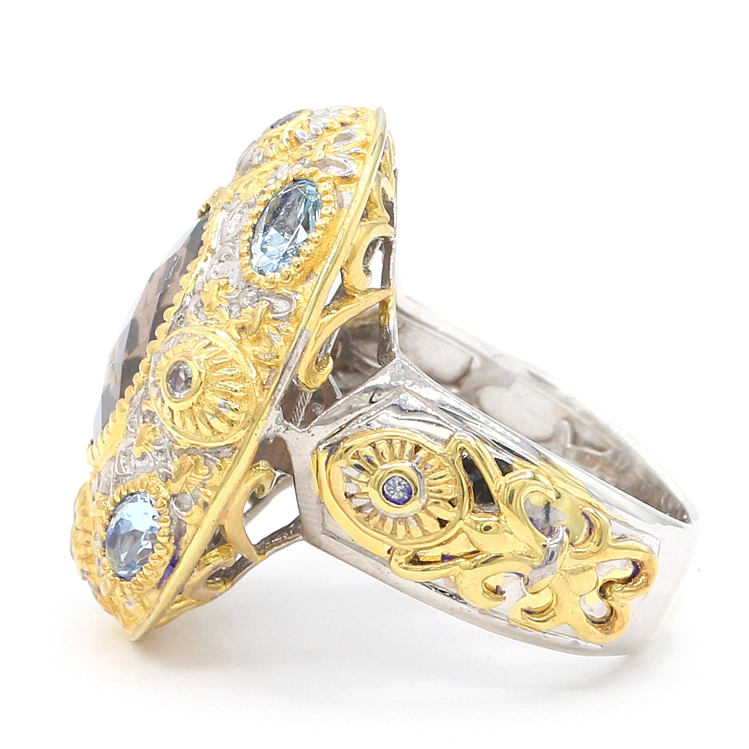 Gems en Vogue 4.99ctw Smoky Quartz, Aquamarune & White Zircon Ring