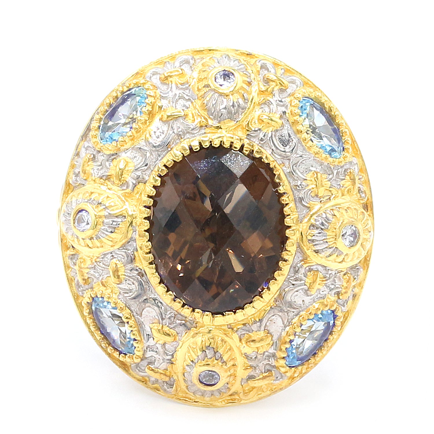 Gems en Vogue 4.99ctw Smoky Quartz, Aquamarune & White Zircon Ring