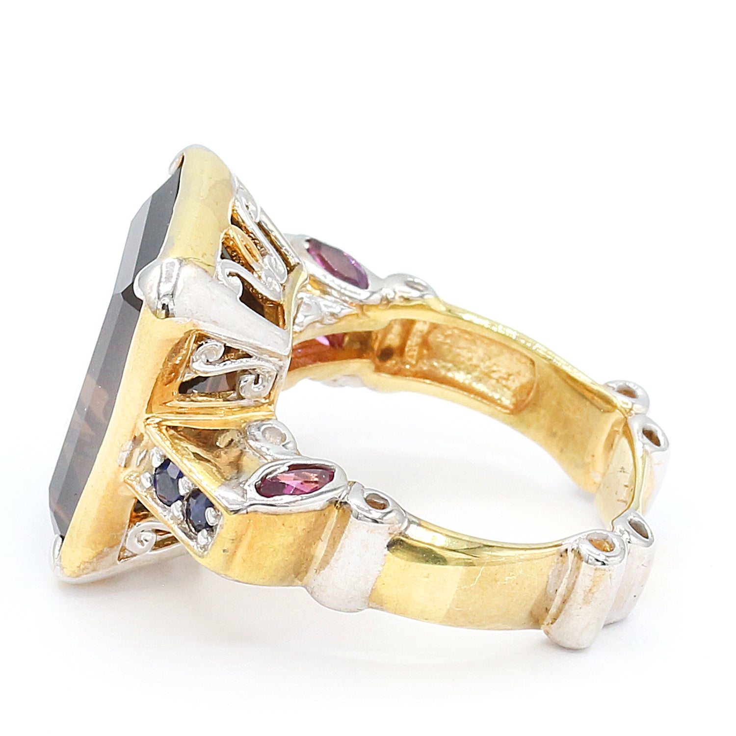 Gems en Vogue 11.17ctw Smoky Quartz, Rhodolite & Blue Sapphire Ring