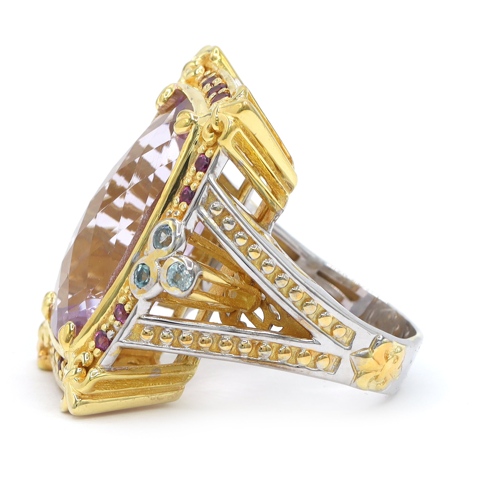 Gems en Vogue 24K Palladium Silver 14.78ctw Rose De France Amethyst, Blue Zircon & Rhodolite Ring