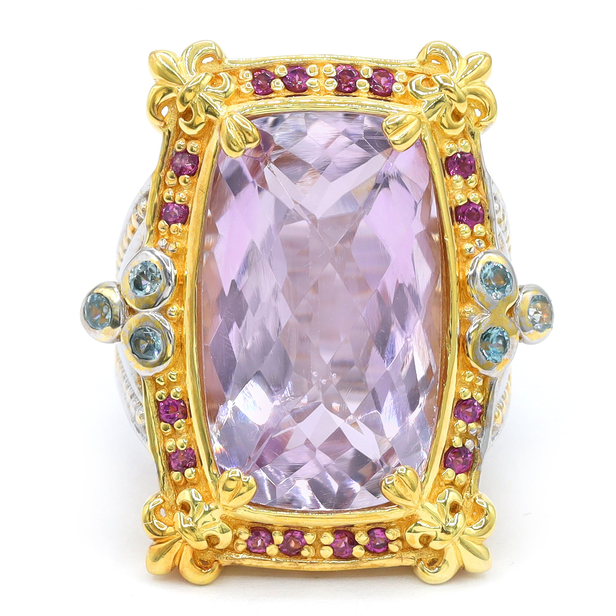 Gems en Vogue 24K Palladium Silver 14.78ctw Rose De France Amethyst, Blue Zircon & Rhodolite Ring