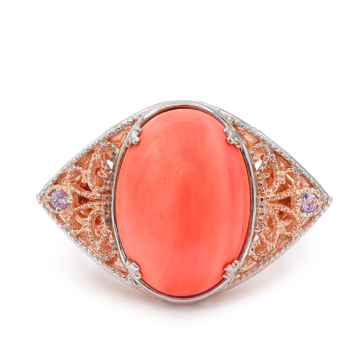 Gems en Vogue 18K Palladium Silver Salmon Coral & Pink Sapphire Ring CANNOT BE RESIZED