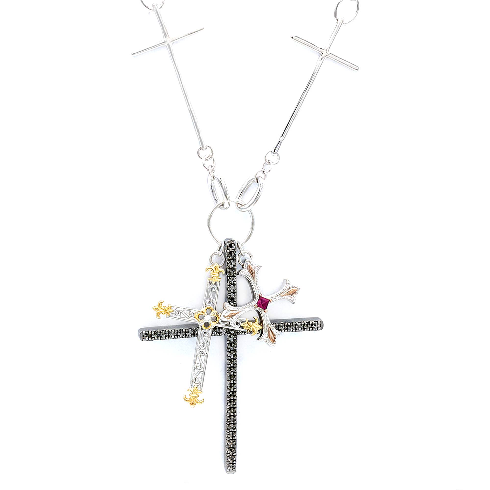 Gems en Vogue 24K Palladium Silver Rhodolite & White Sapphire Multi Cross Necklace