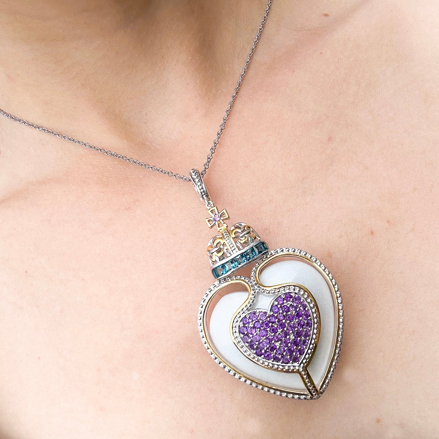 Gems en Vogue 4.16ctw White Agate, Amethyst & Topaz Heart Pendant