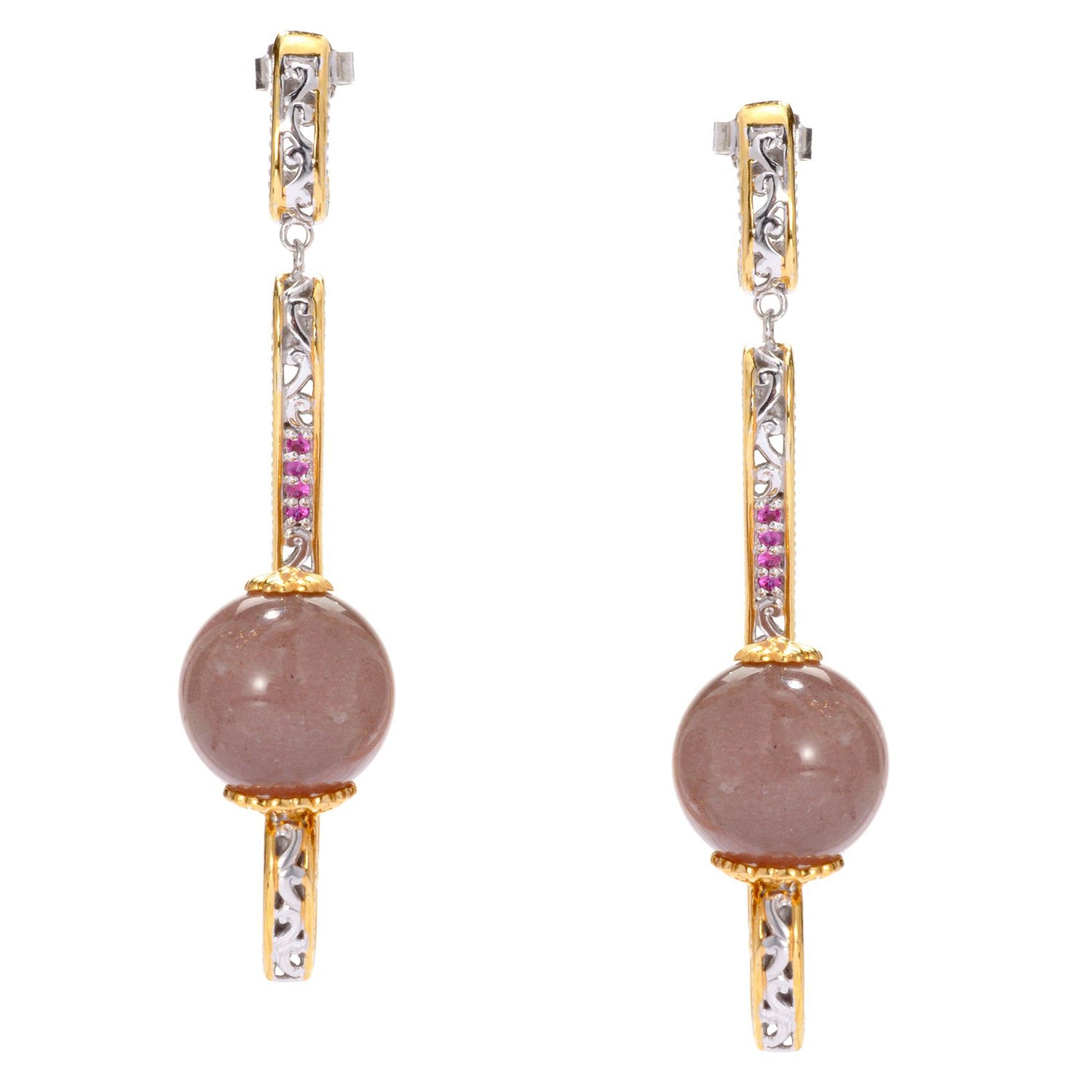 Gems en Vogue Chocolate Moonstone Bead & Pink Sapphire Earrings