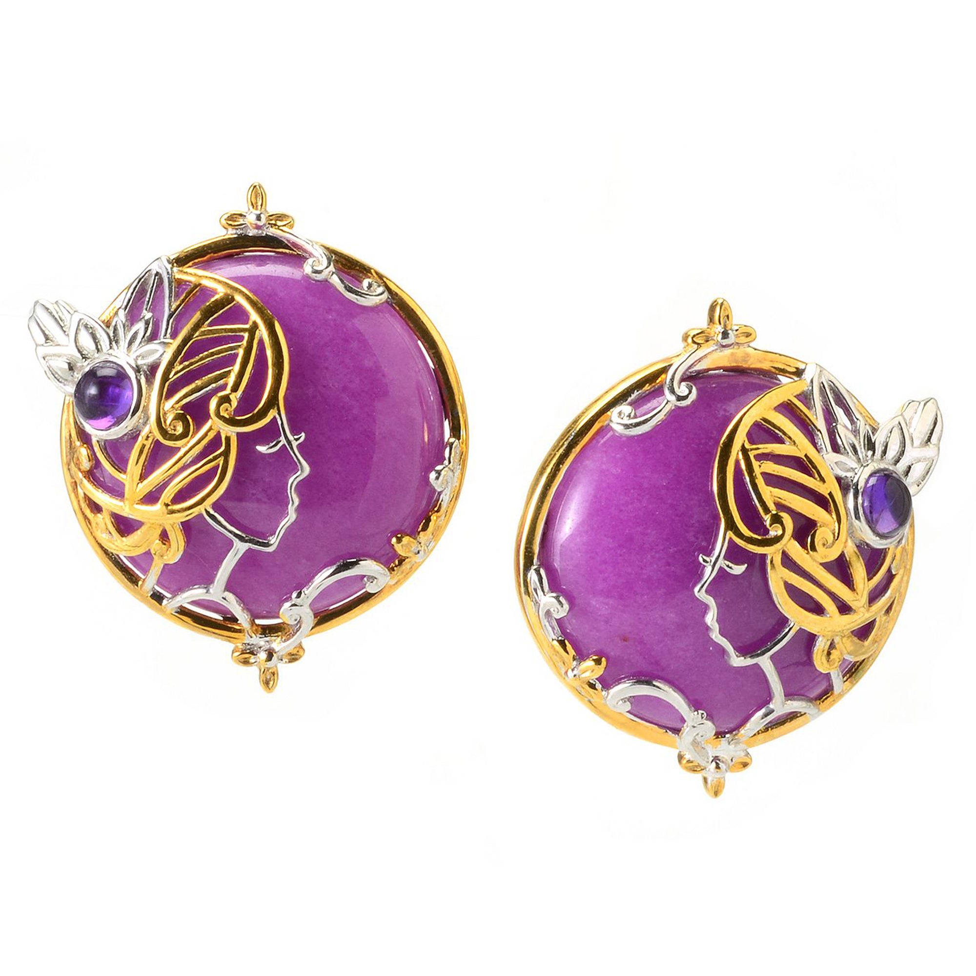 Gems en Vogue 24K Palladium Silver Purple Jade & Amethyst Lady Portrait Overlay Stud Earrings