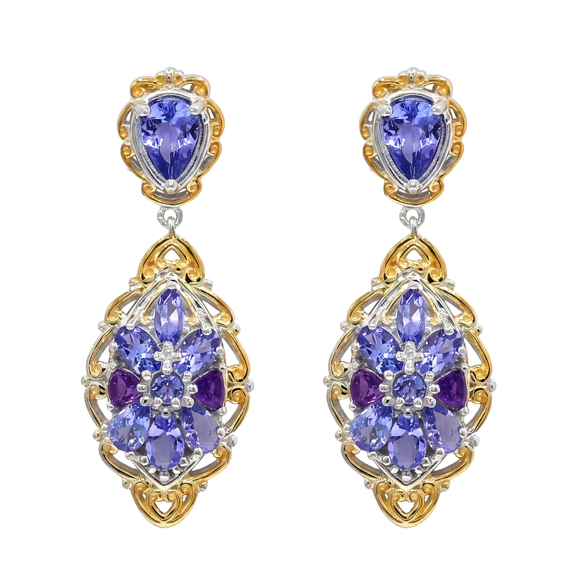 Gems en Vogue 24K Palladium Silver 4.17ctw Tanzanite & Amethyst Cluster Drop Earrings