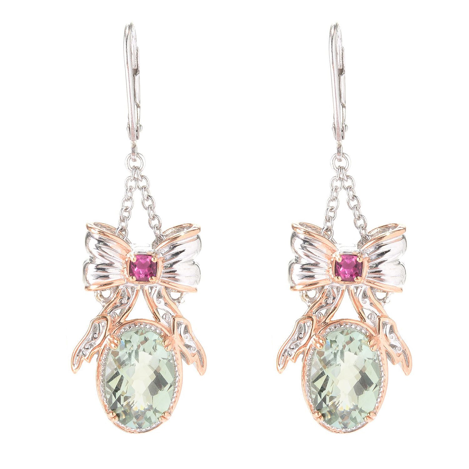 Gems en Vogue 7.30ctw Prasiolite & Pink Tourmaline Bow Chain Earrings